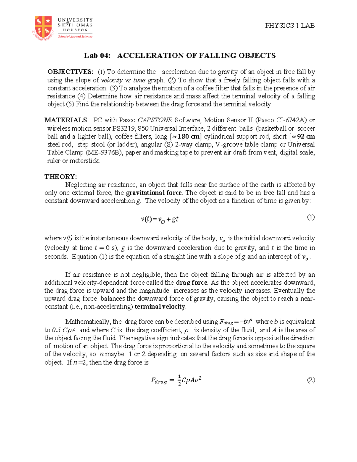 Lab 04 Instructions: Acceleration of Falling Objects - Spring 2023 ...