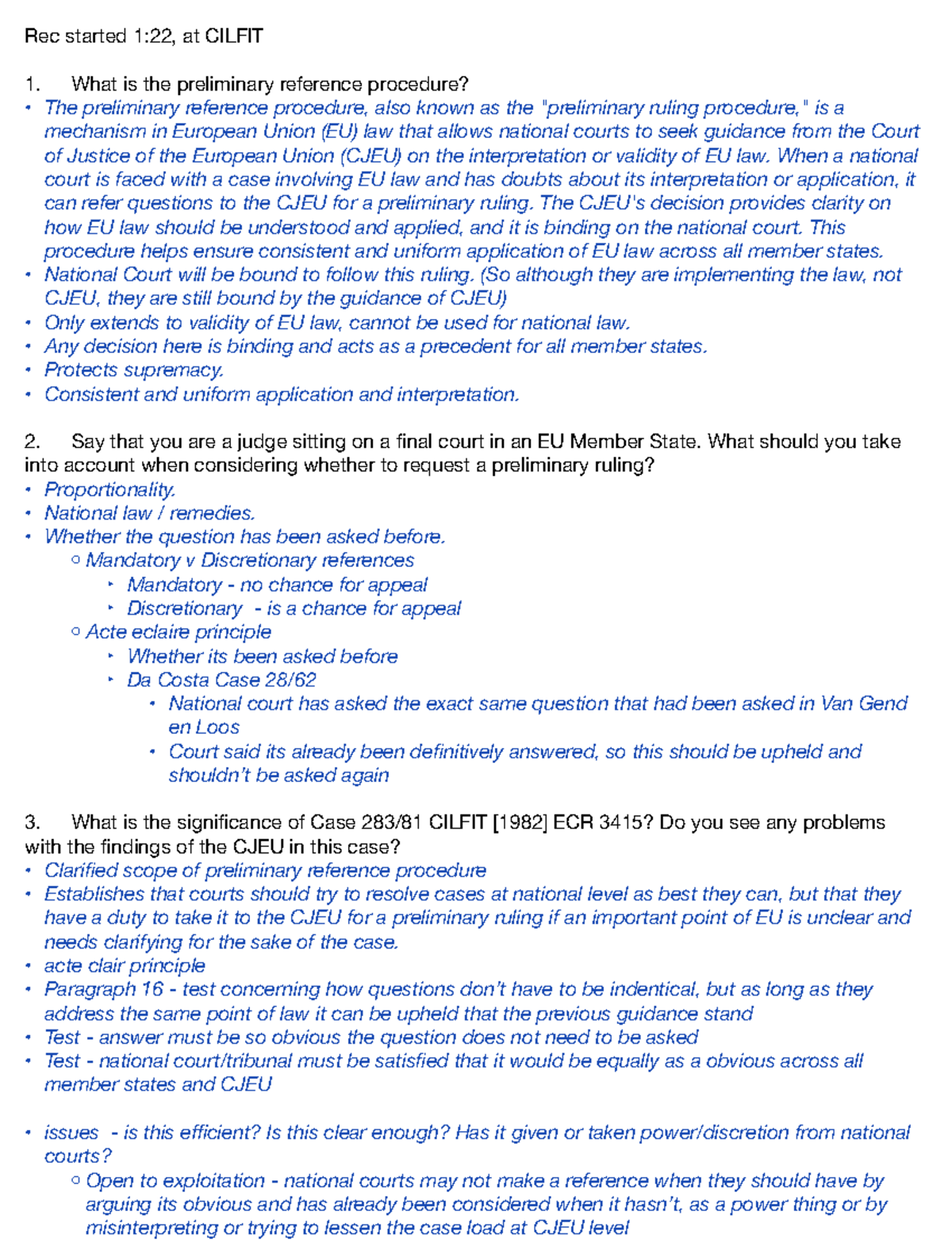 EU Sem 5 - Seminar Notes for S5 - Rec started 1:22, at CILFIT What is ...