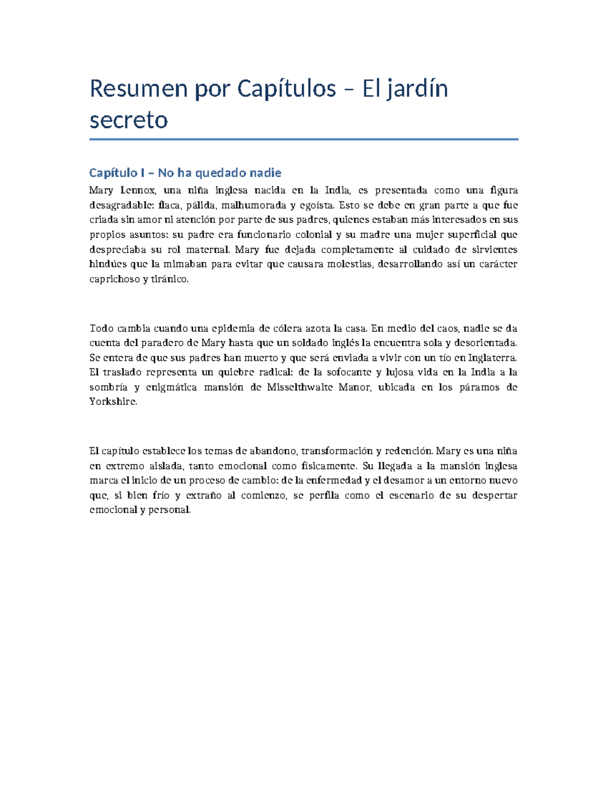Resumen por Capítulos: El Jardín Secreto (Capítulos I-V) - Document Preview