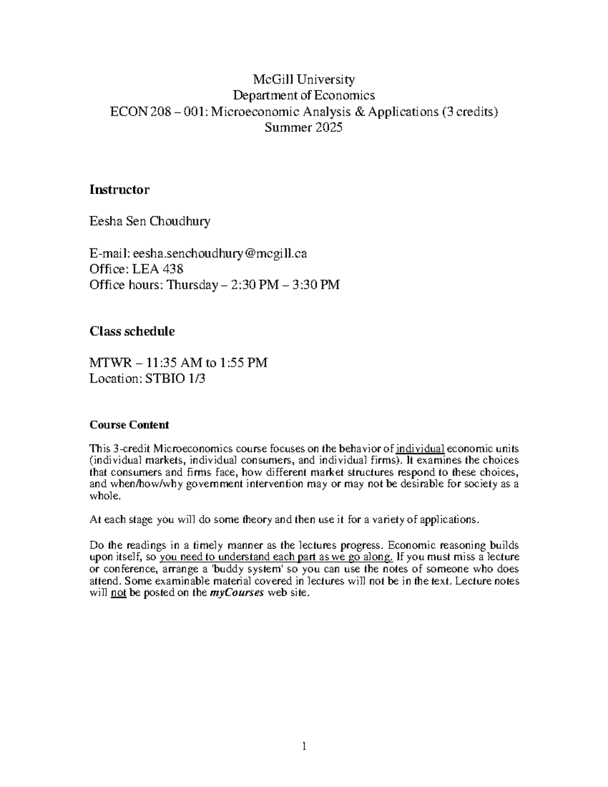 ECON 208 001: Microeconomic Analysis Course Outline - Summer 2025 - Studocu