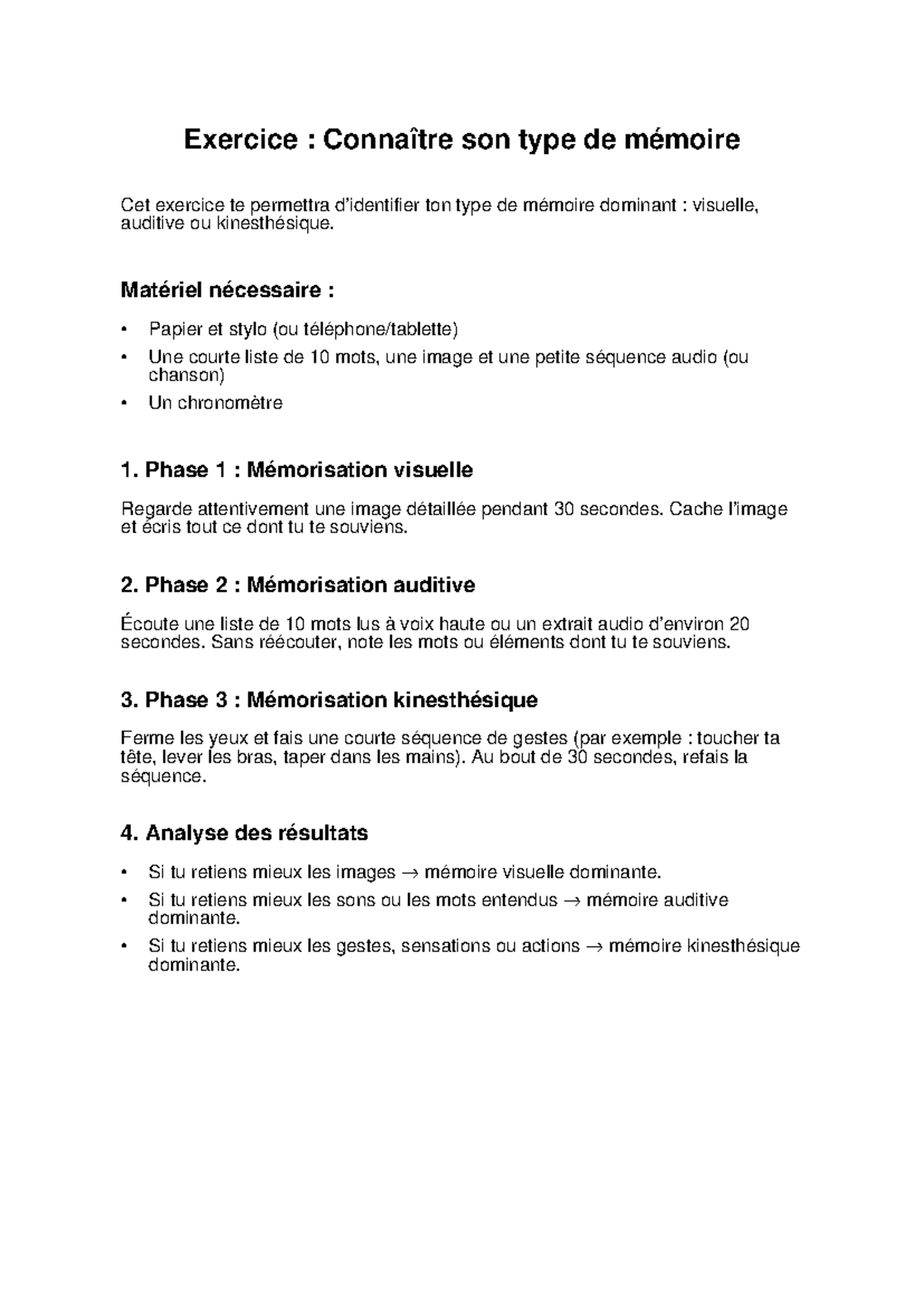 Exercice : Identifier son Type de Mémoire Dominant - Studocu