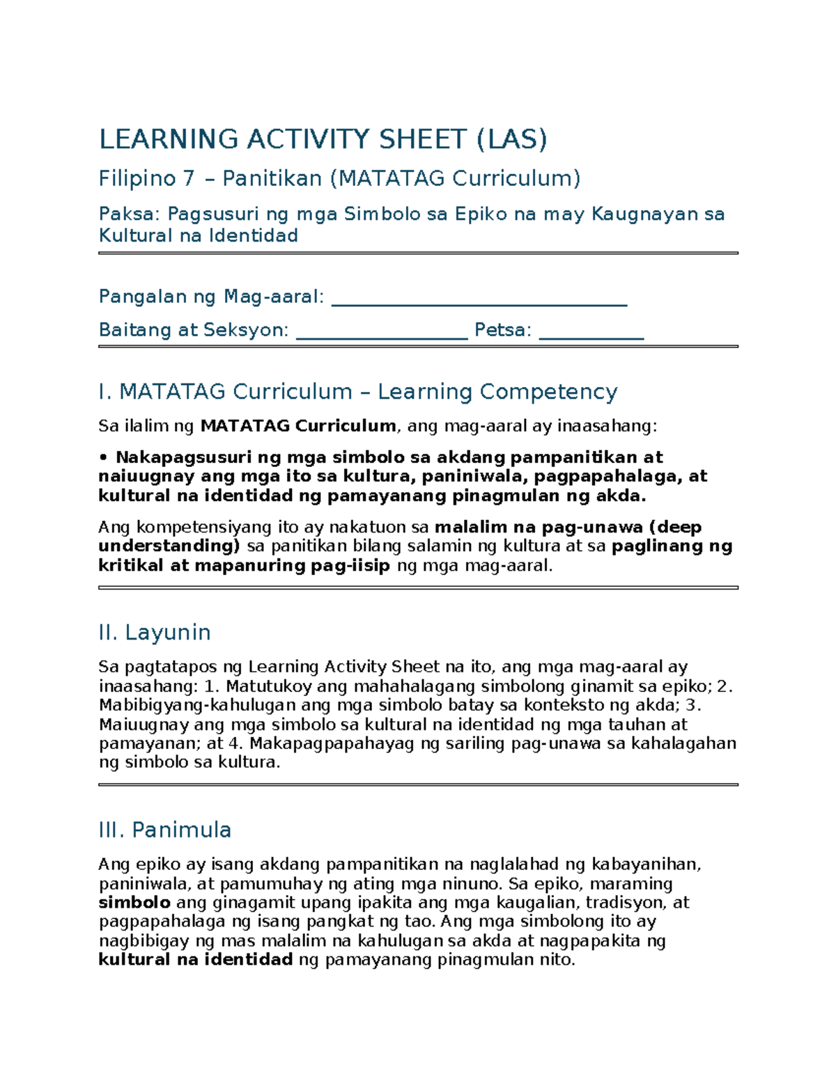 Learning Activity Sheet (LAS) Filipino 7: Pagsusuri ng mga Simbolo sa ...