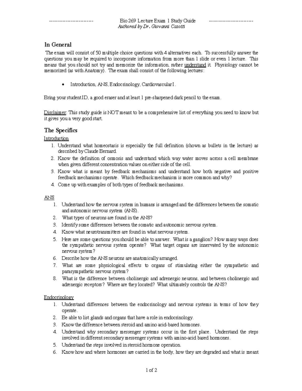 Exam 1 Study Guide - Lecture notes 1-6 - Bio 269 Lecture Exam 1 Study ...