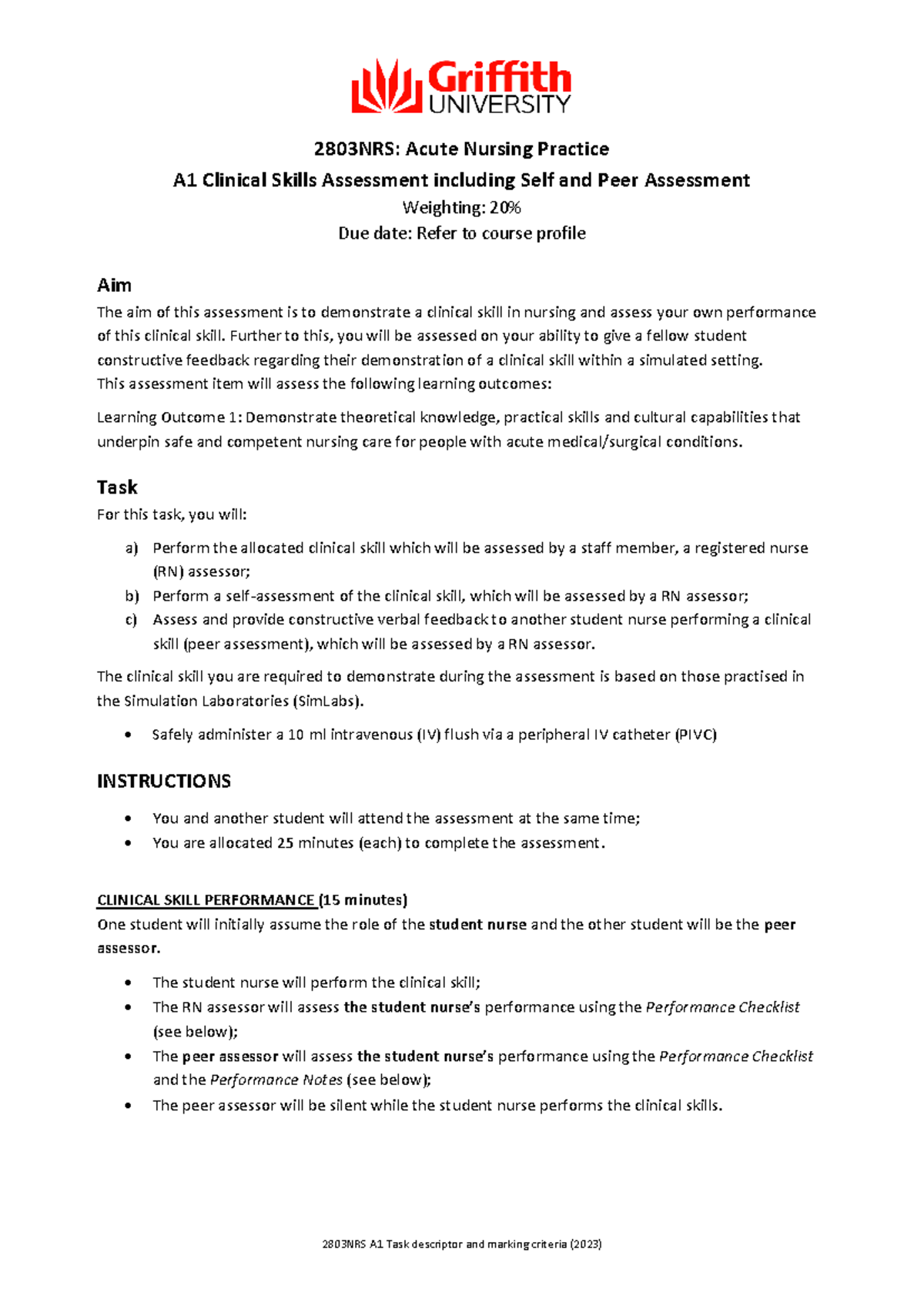 2803NRS A1 Clinical Skills Assessment: Self and Peer Evaluation Guide ...