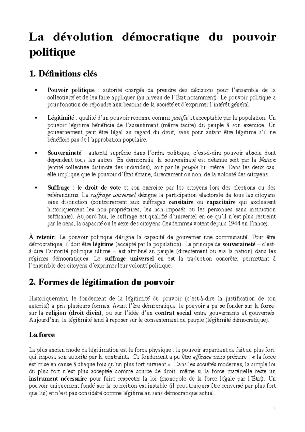Fiche de Révision : La Dévolution Démocratique du Pouvoir Politique (DC ...