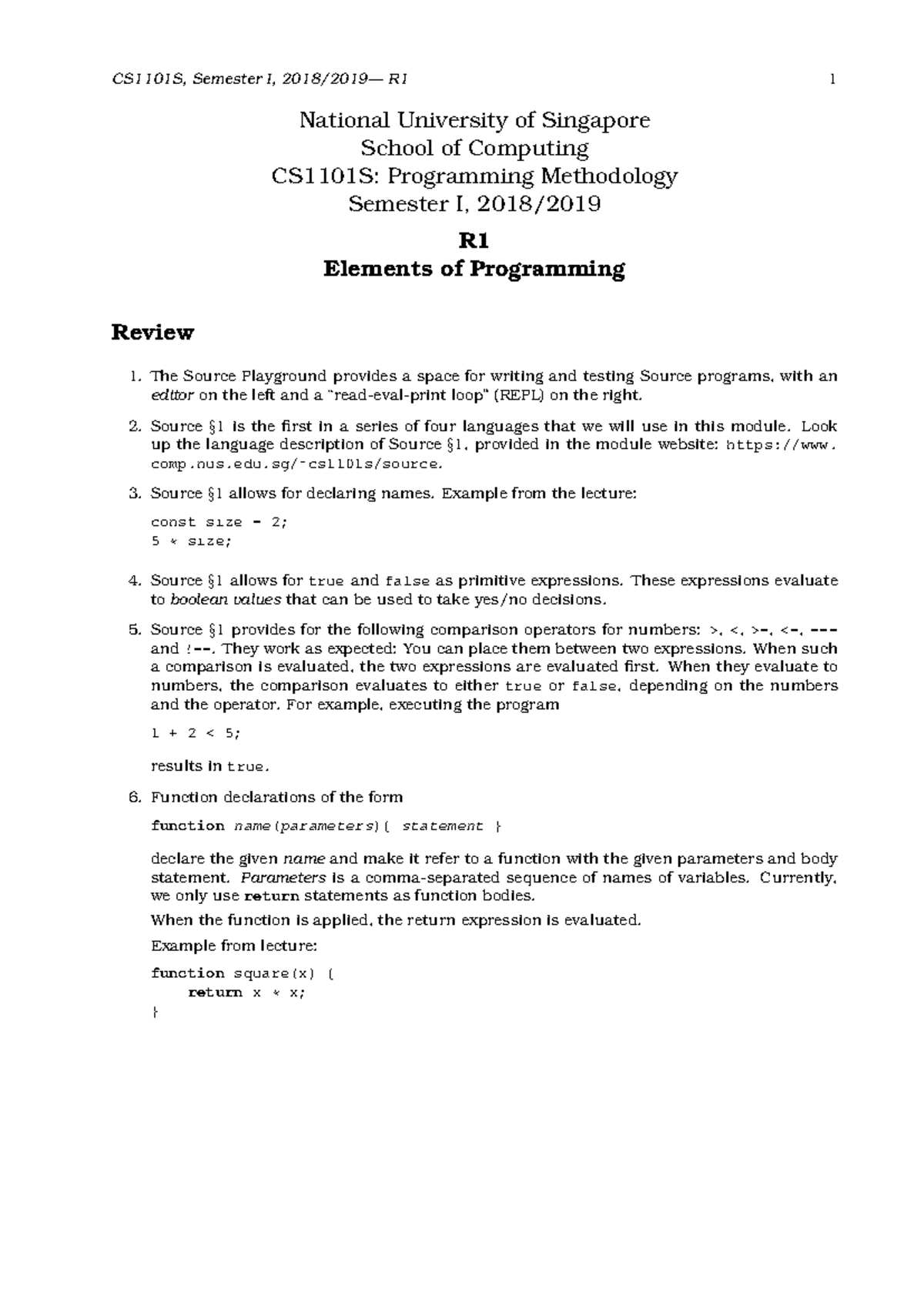 CS1101S Semester I, 2018/2019 - R1 Reflection on Programming ...
