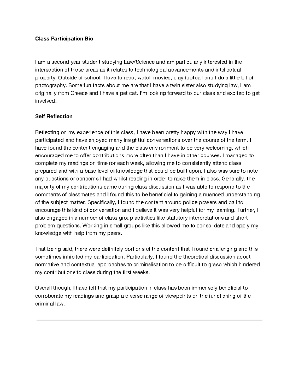Class Participation Bio and reflection - Class Participation Bio I am a ...