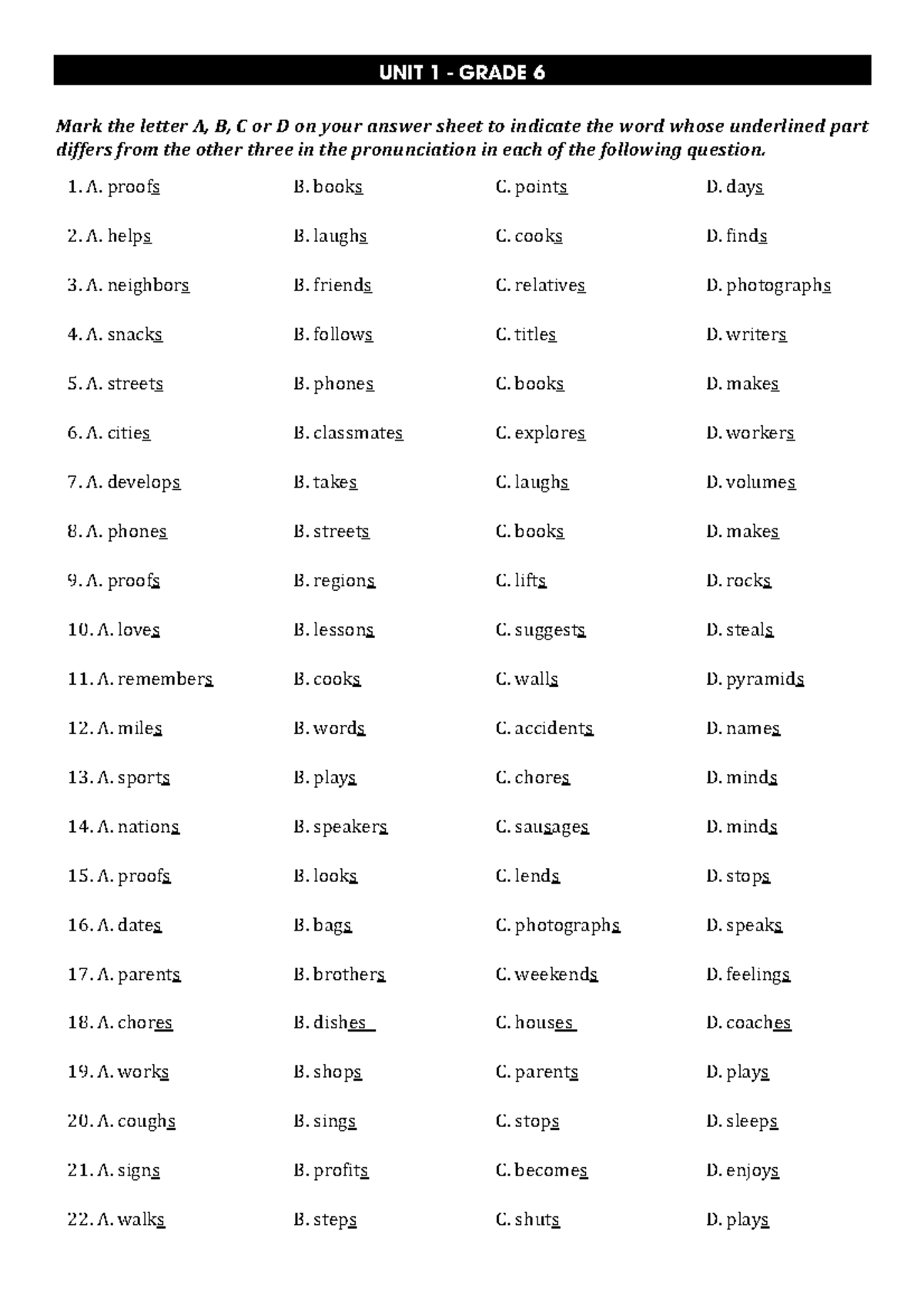 UNIT 1 - cnkjedvvhjhhh - UNIT 1 - GRADE 6 Mark the letter A, B, C or D ...
