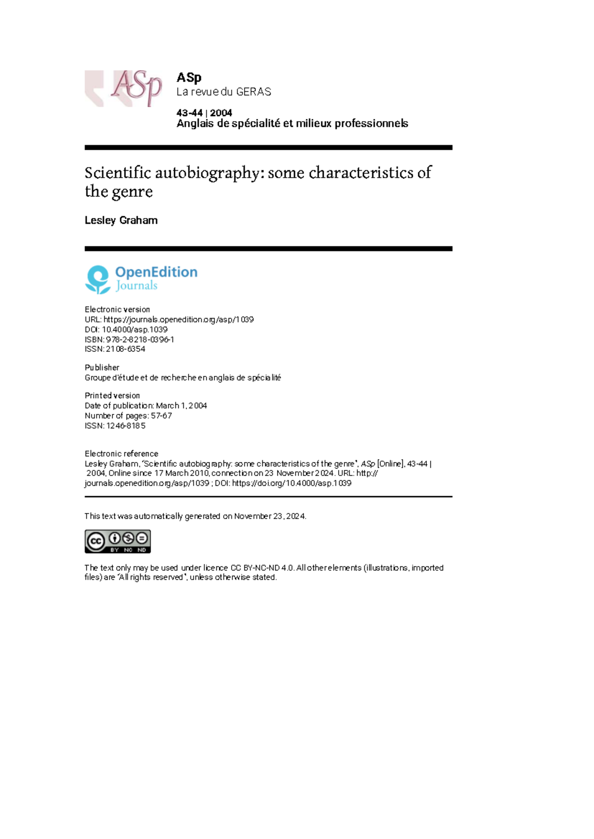 Scientific Autobiography: Characteristics and Genre Analysis (ASp 2004 ...
