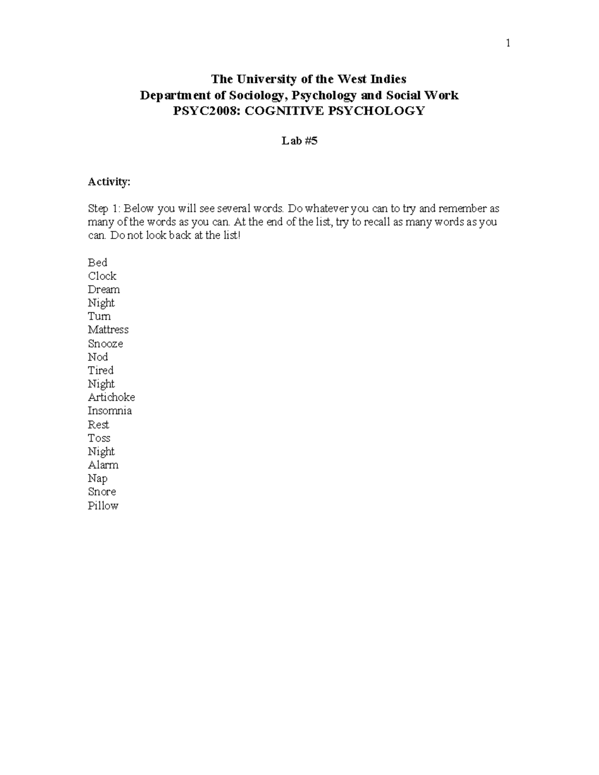 PSYC2008: Cognitive Psychology Lab Activity - Word Recall Exercise ...