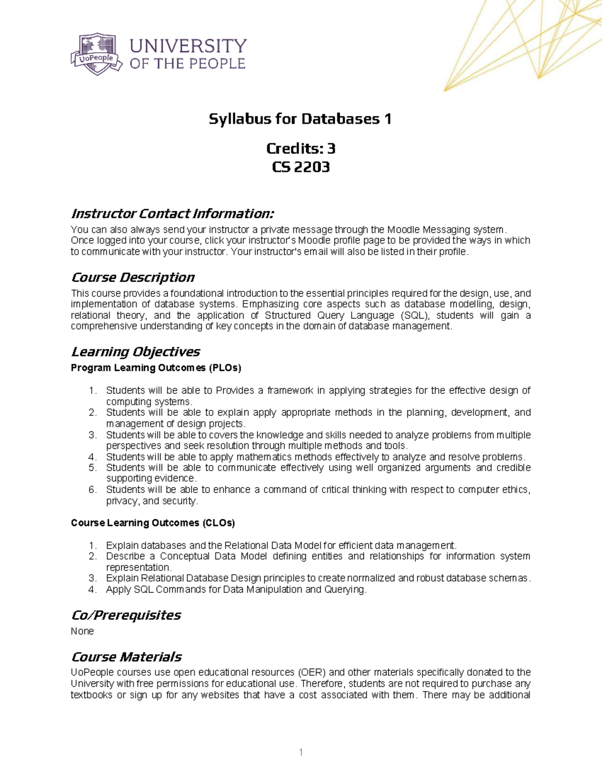 CS 2203 Syllabus: Database Systems Overview and Course Details - Studocu