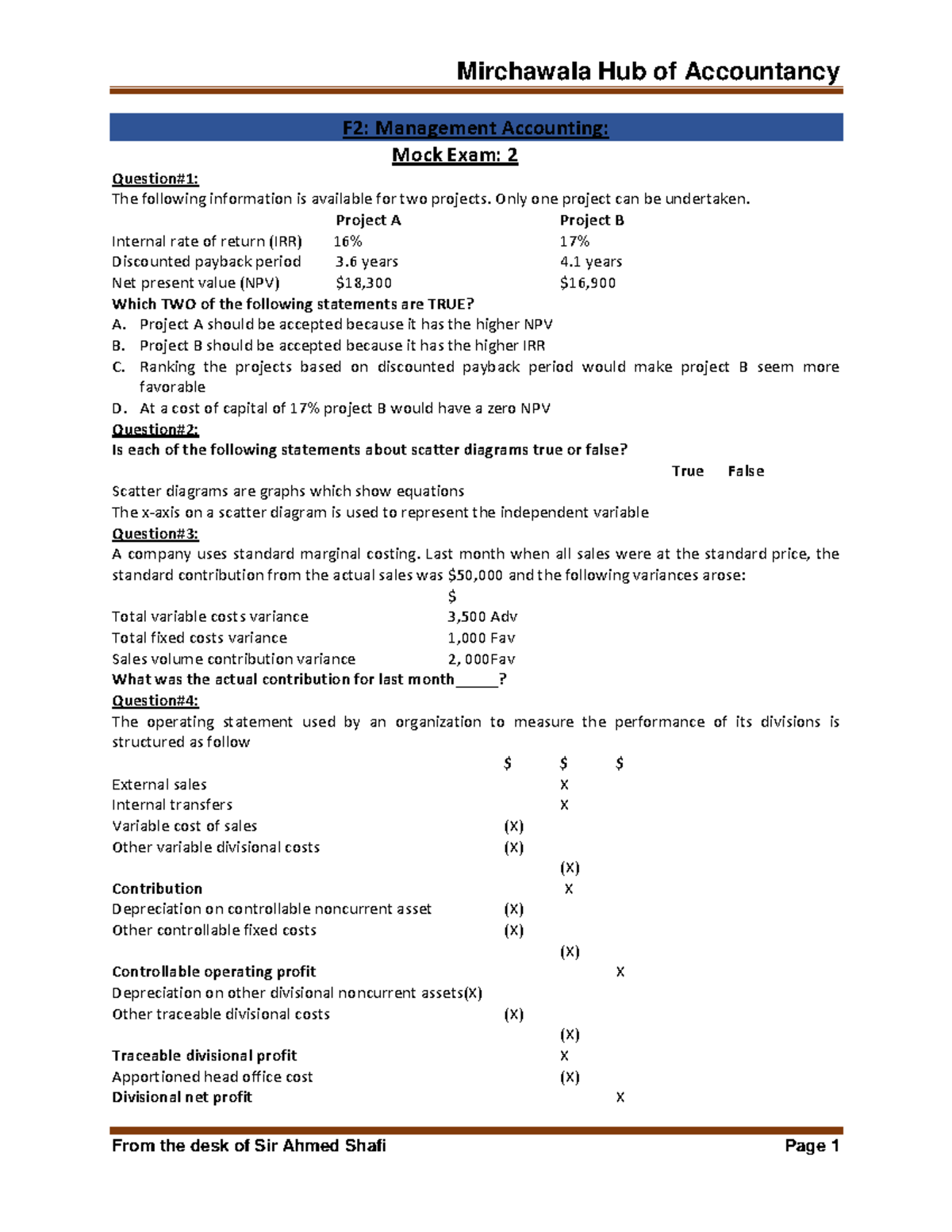 F2: Management Accounting Mock Exam 2 - Comprehensive Review - Studocu
