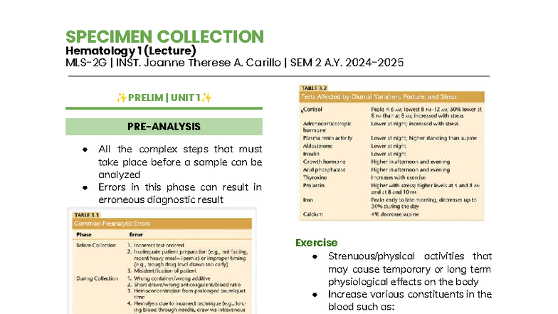 BSML-3120-LEC Hematology Prelims: Specimen Collection & Analysis - Studocu