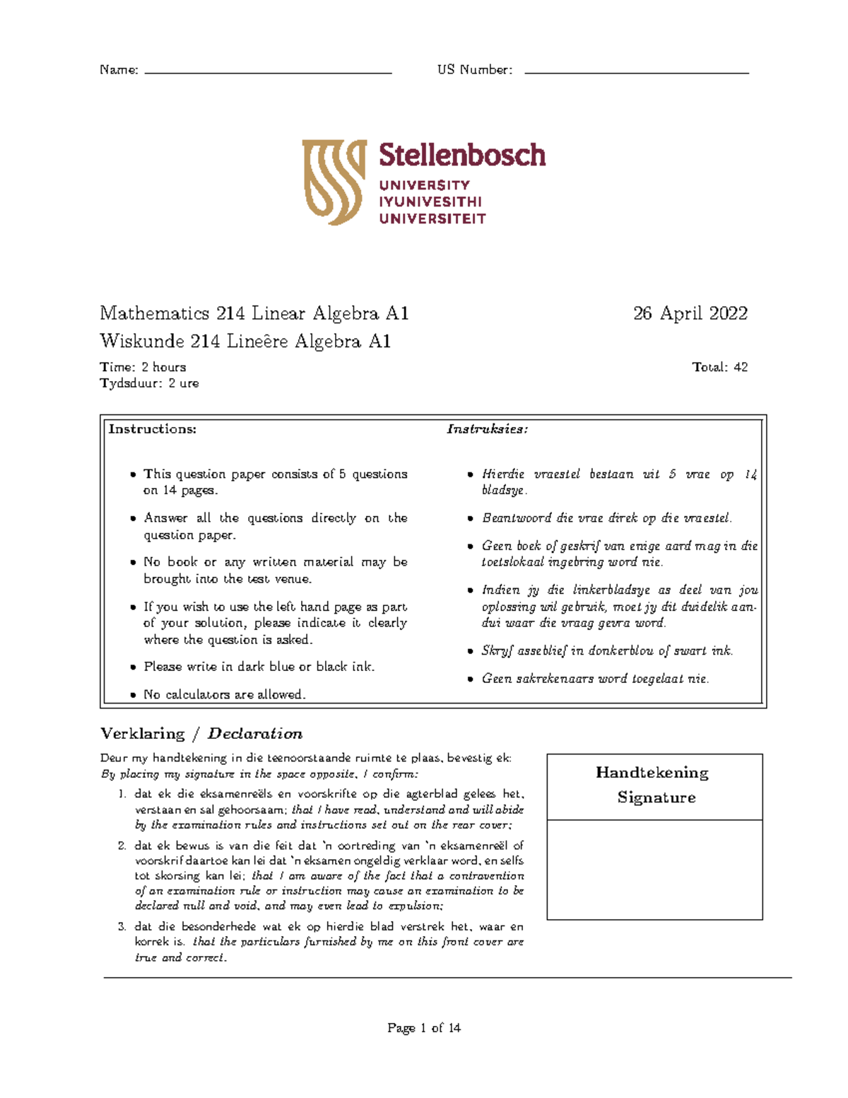 Mathematics 214 A1 Final Exam Memo - Linear Algebra Summary - Document Preview