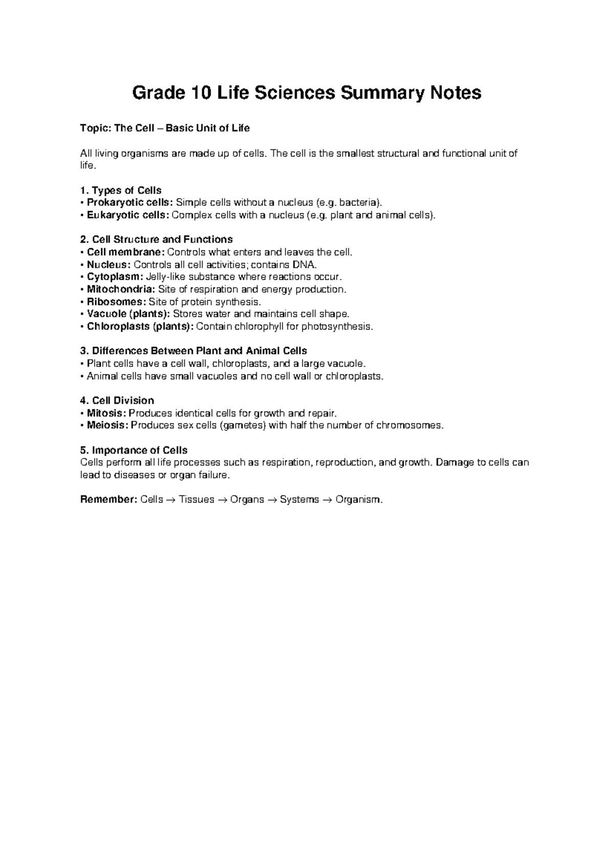 Grade 10 Life Sciences Summary: The Cell - Basic Unit of Life - Studocu