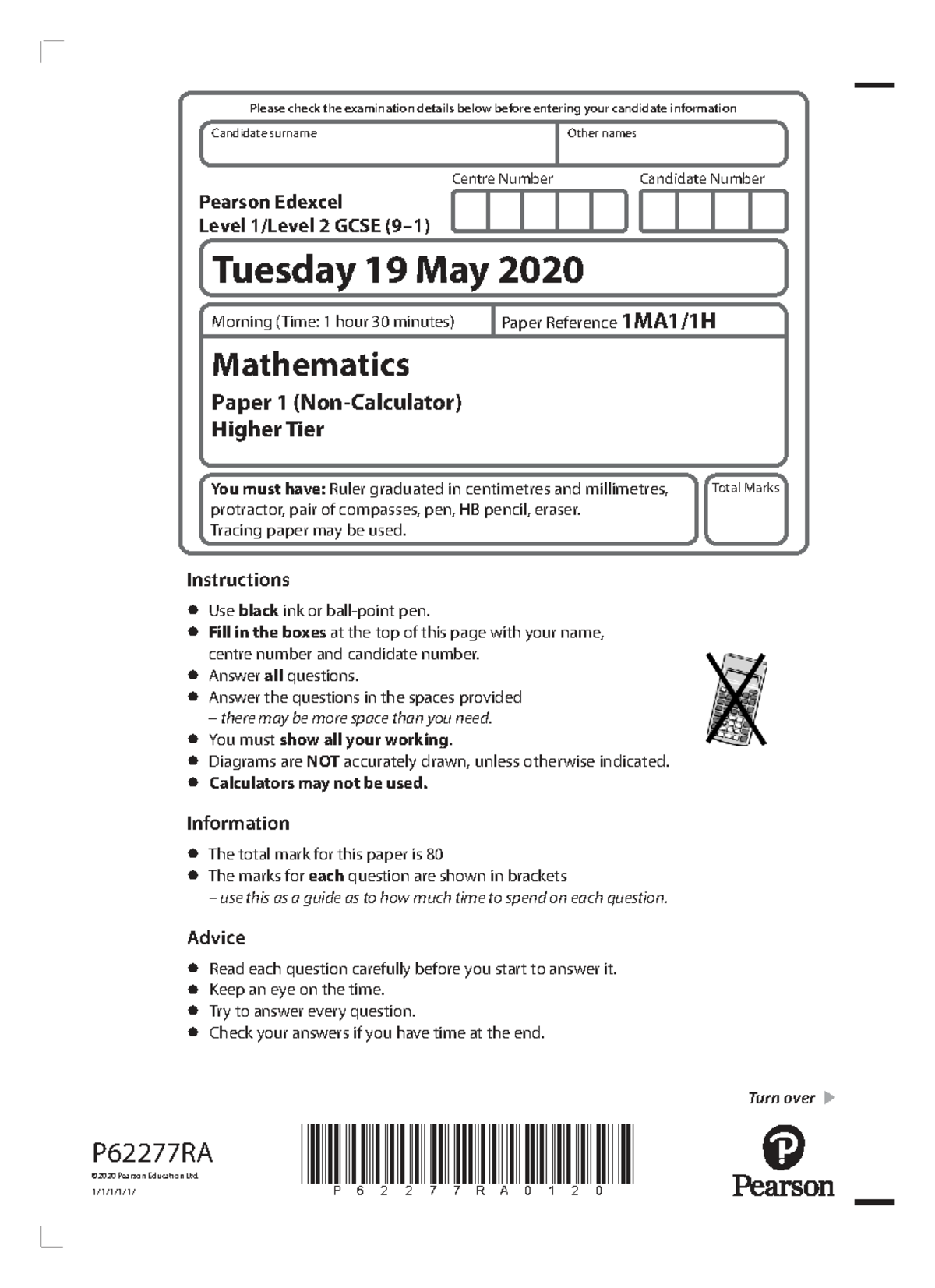 Mathematics Paper 1 Higher Tier Exam Details - 1H2020 - Studocu