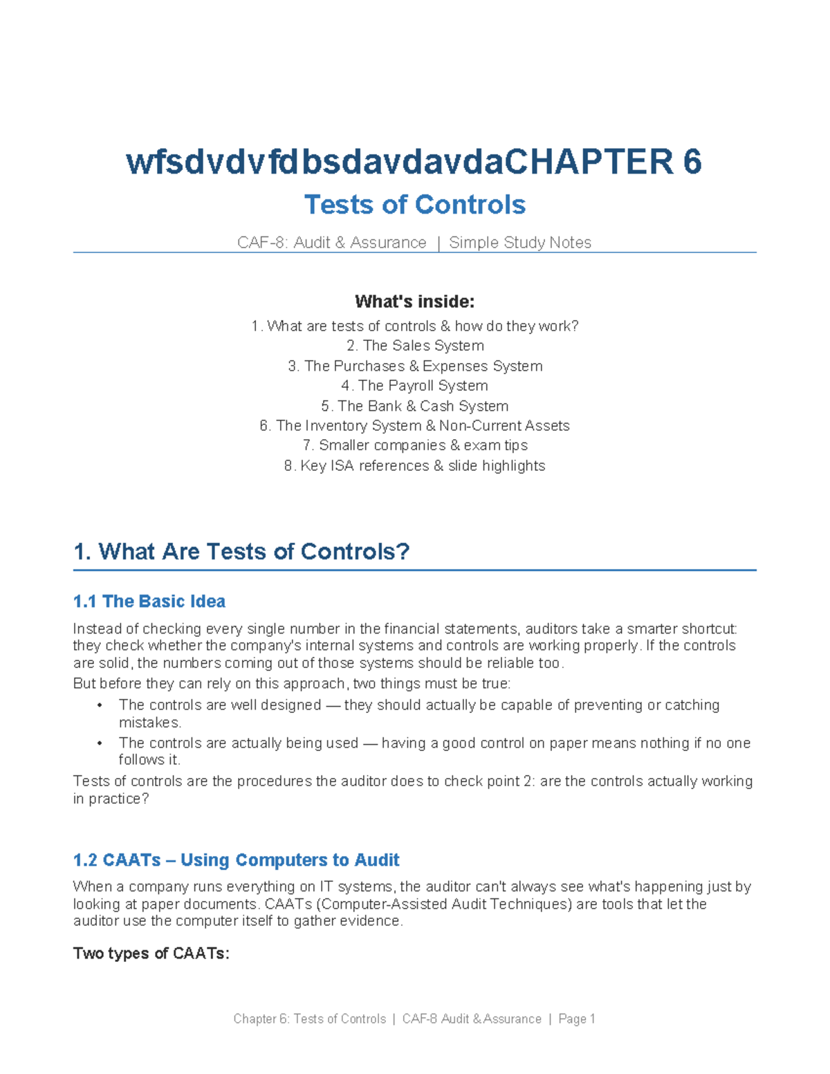 CHAPTER 6: Tests of Controls in Audit Assurance - Study Notes - Studocu
