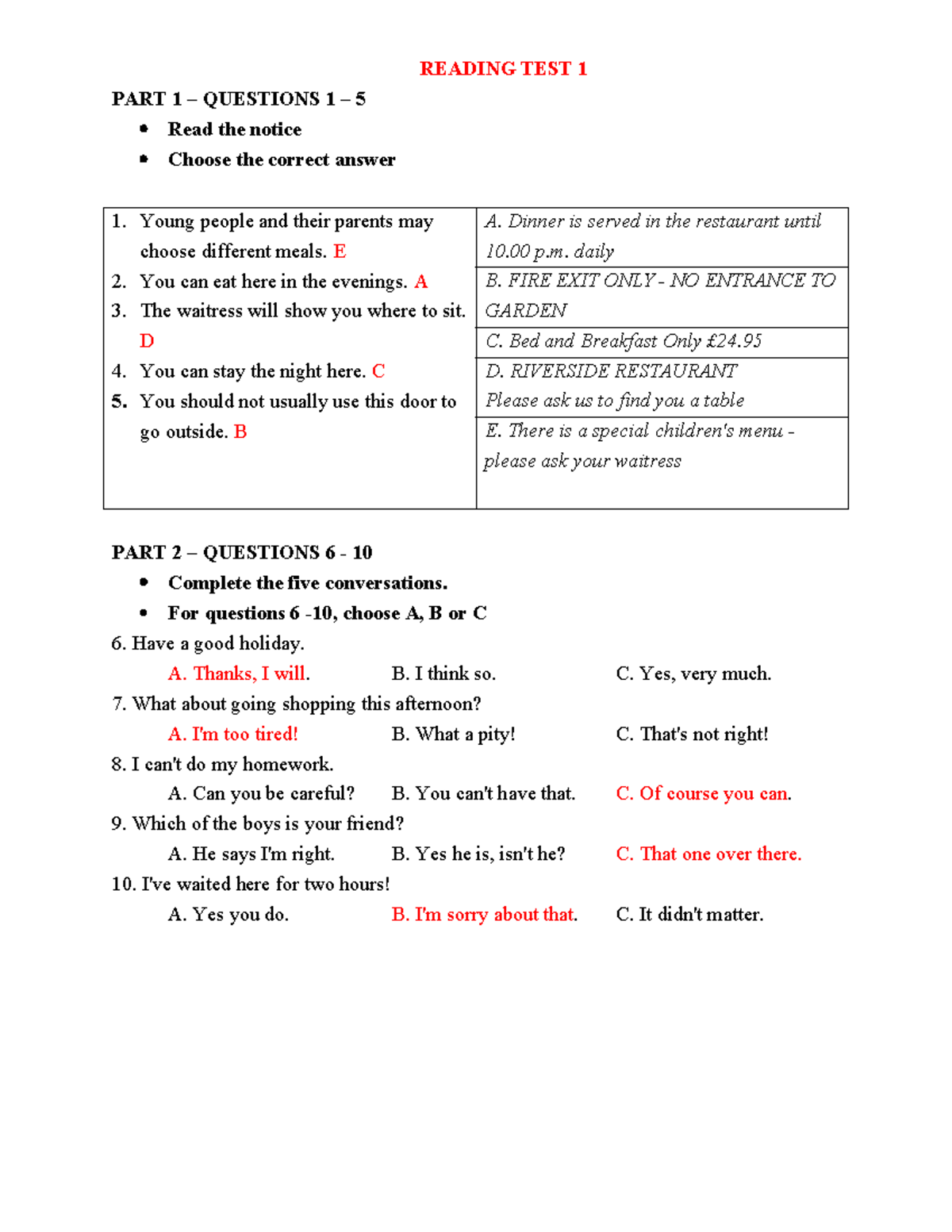 Reading Test 1 - Answers & Analysis (ENG 101) - Studocu