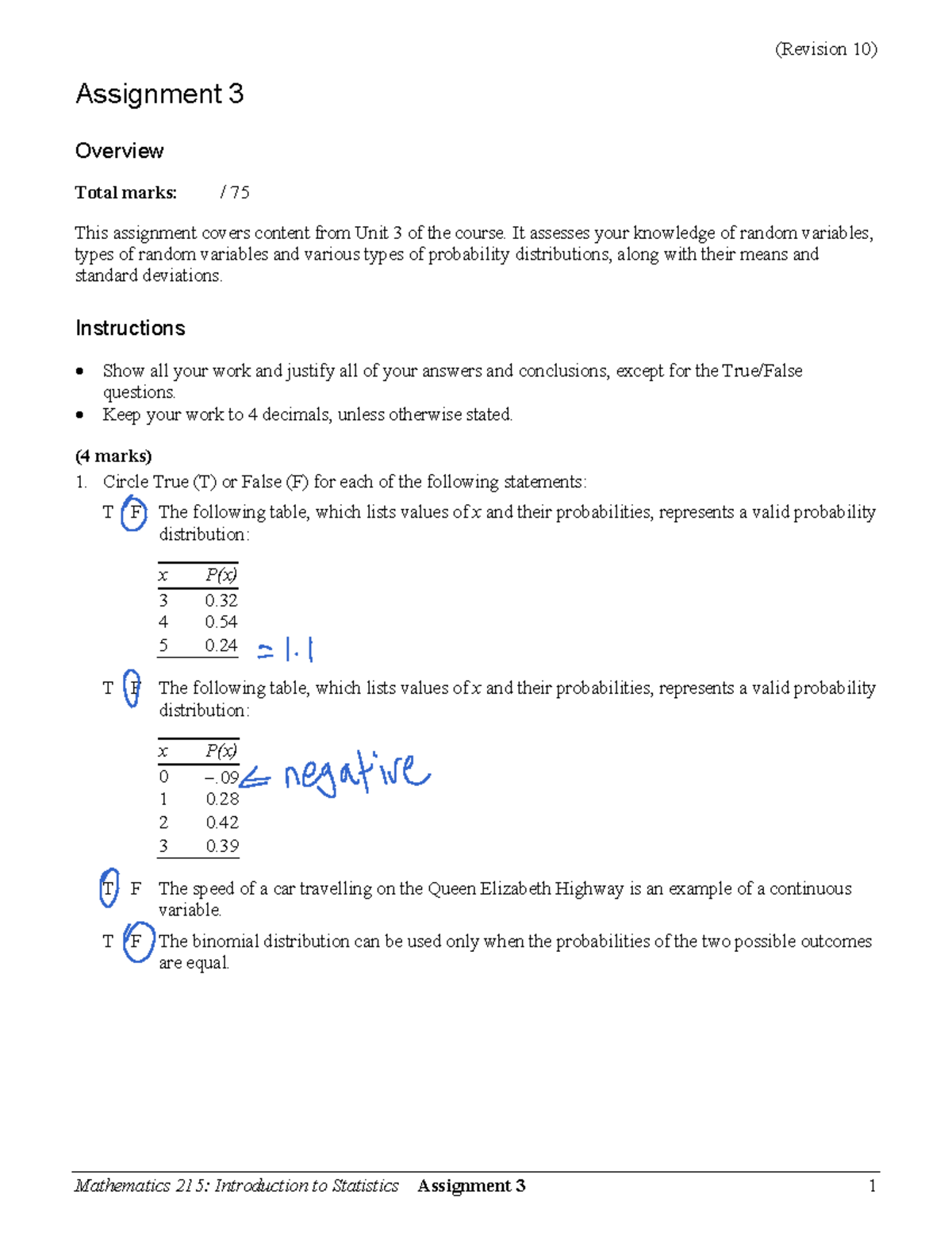 Mathematics 215: Assignment 3 Overview on Random Variables ...