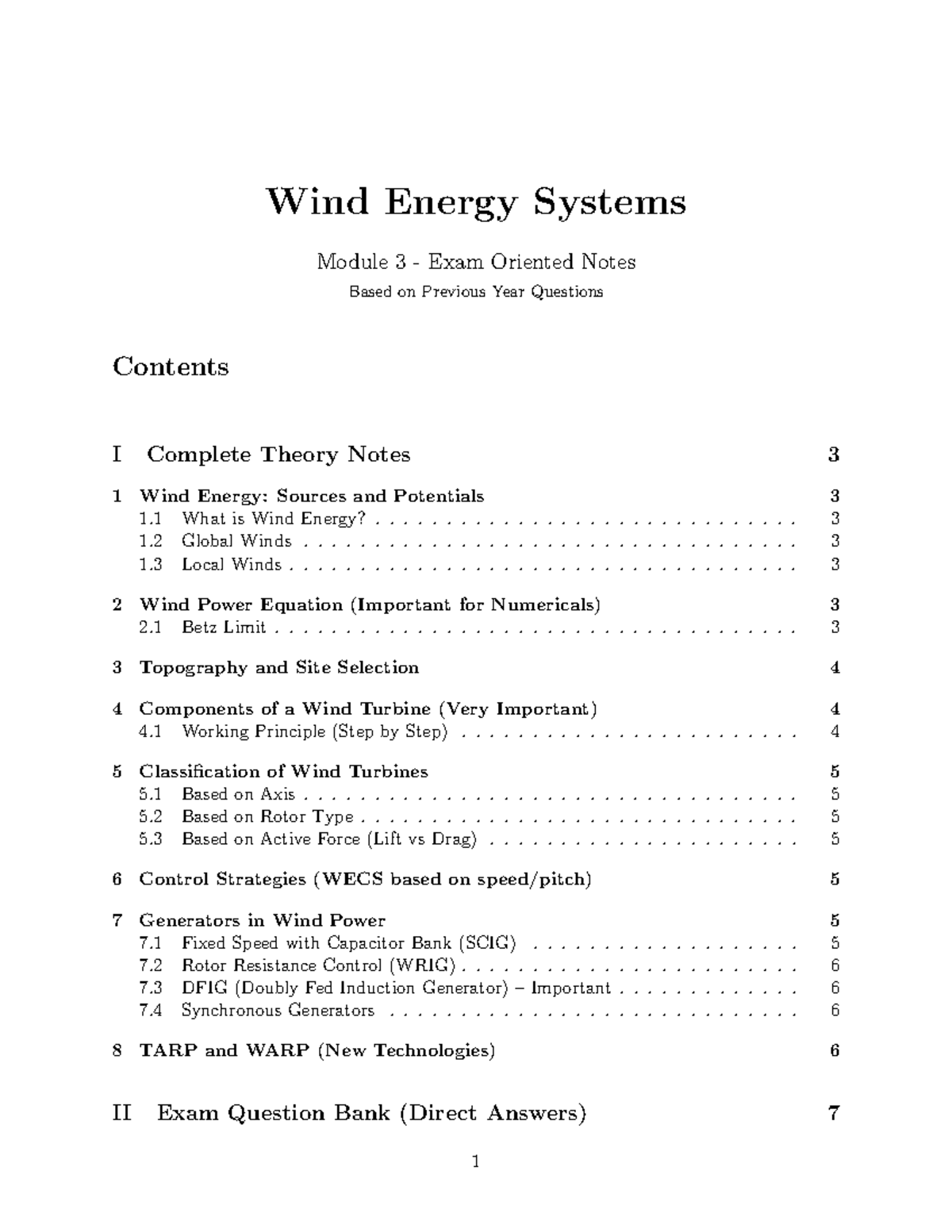 Wind Energy Systems (Mod 3) Exam-Oriented Notes & Q&A - Studocu