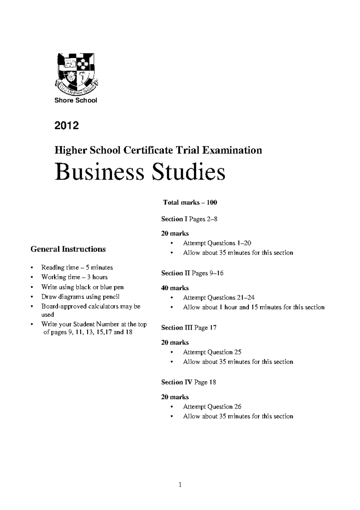 Shore 2012 HSC Trial Exam Business Studies: Questions & Solutions - Studocu