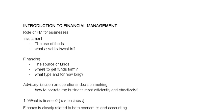FM 101 Lecture Notes: Introduction to Financial Management - Studocu