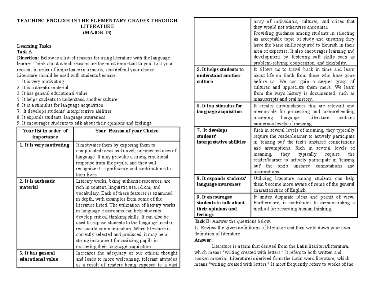 Teaching English in Elementary Grades Through Literature (Major 13 ...
