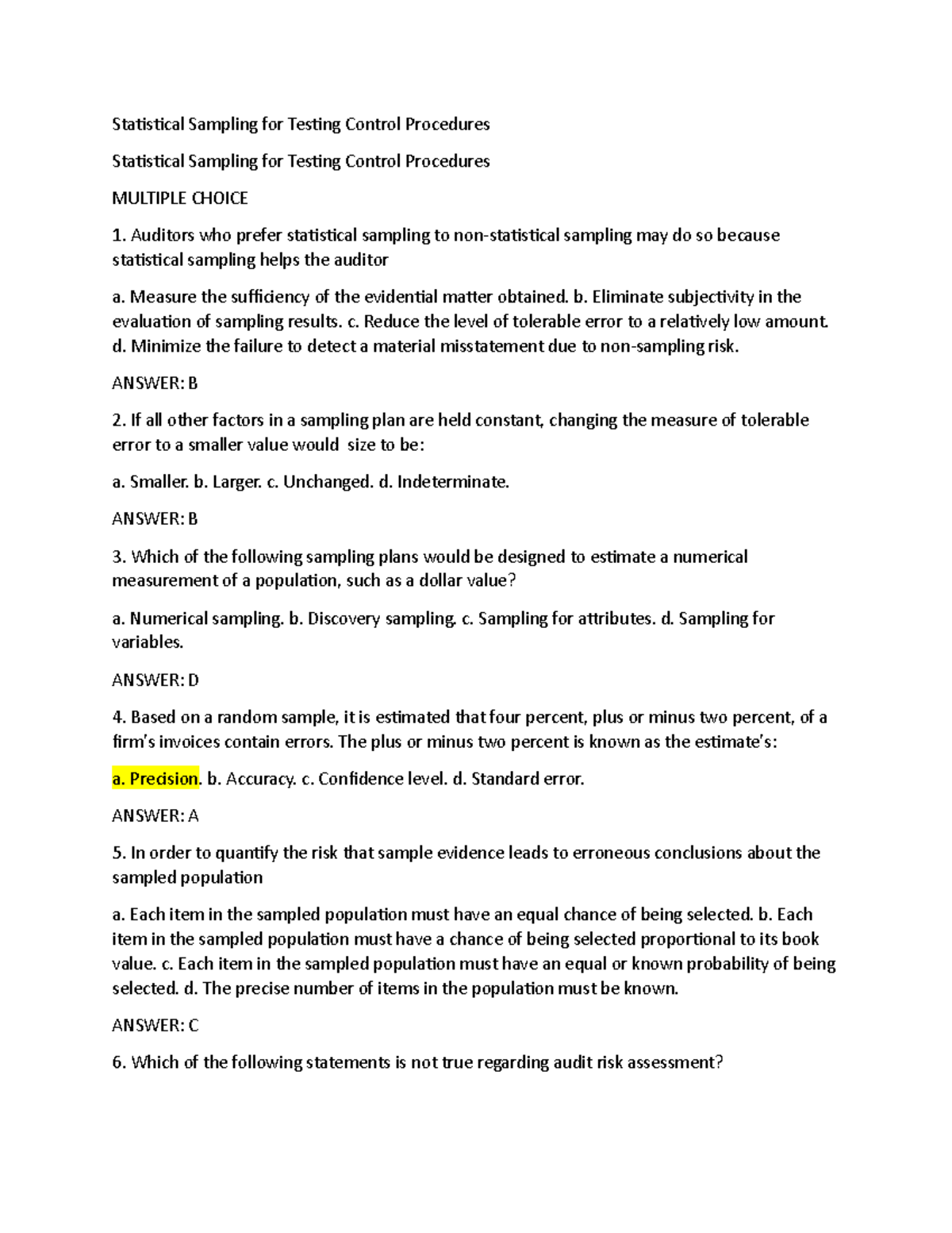 Auditing Statistical Sampling for Control Testing - MC Questions - Studocu