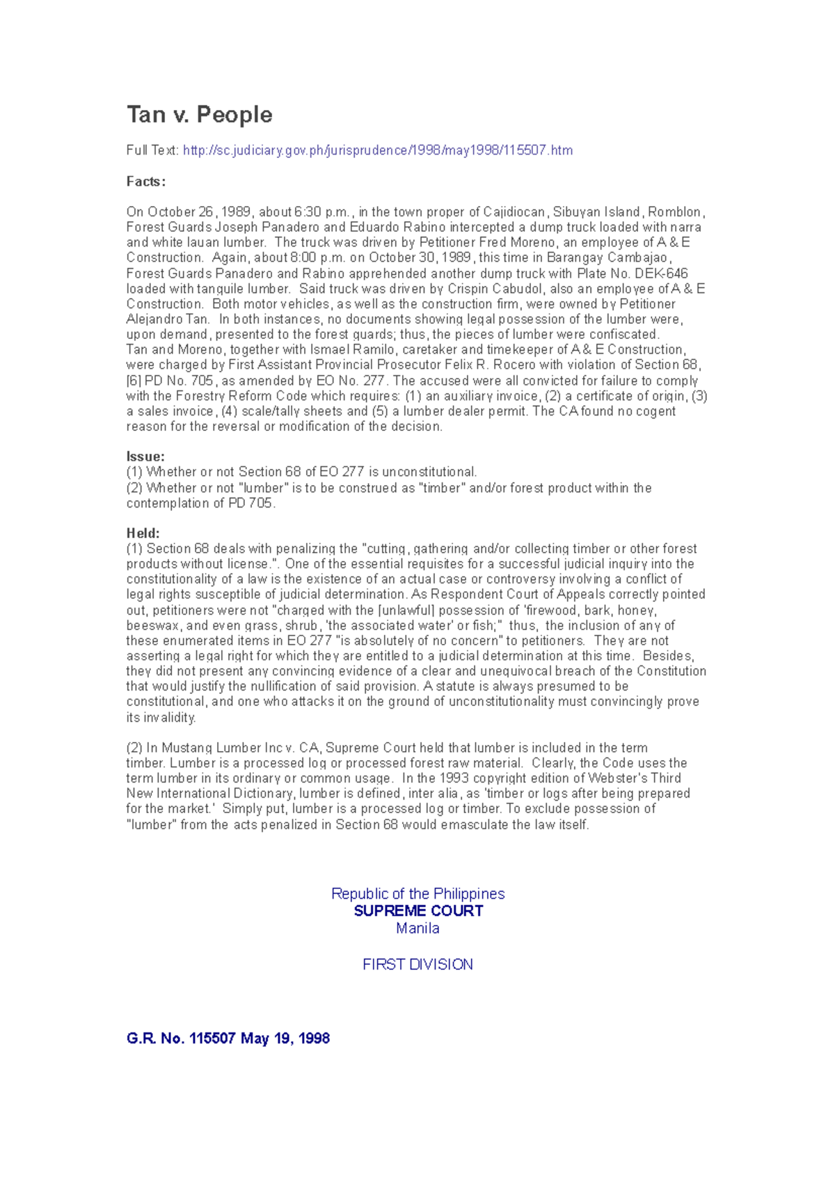 G.R. No. 115507 Tan vs. People: Analyzing Illegal Possession of Lumber ...