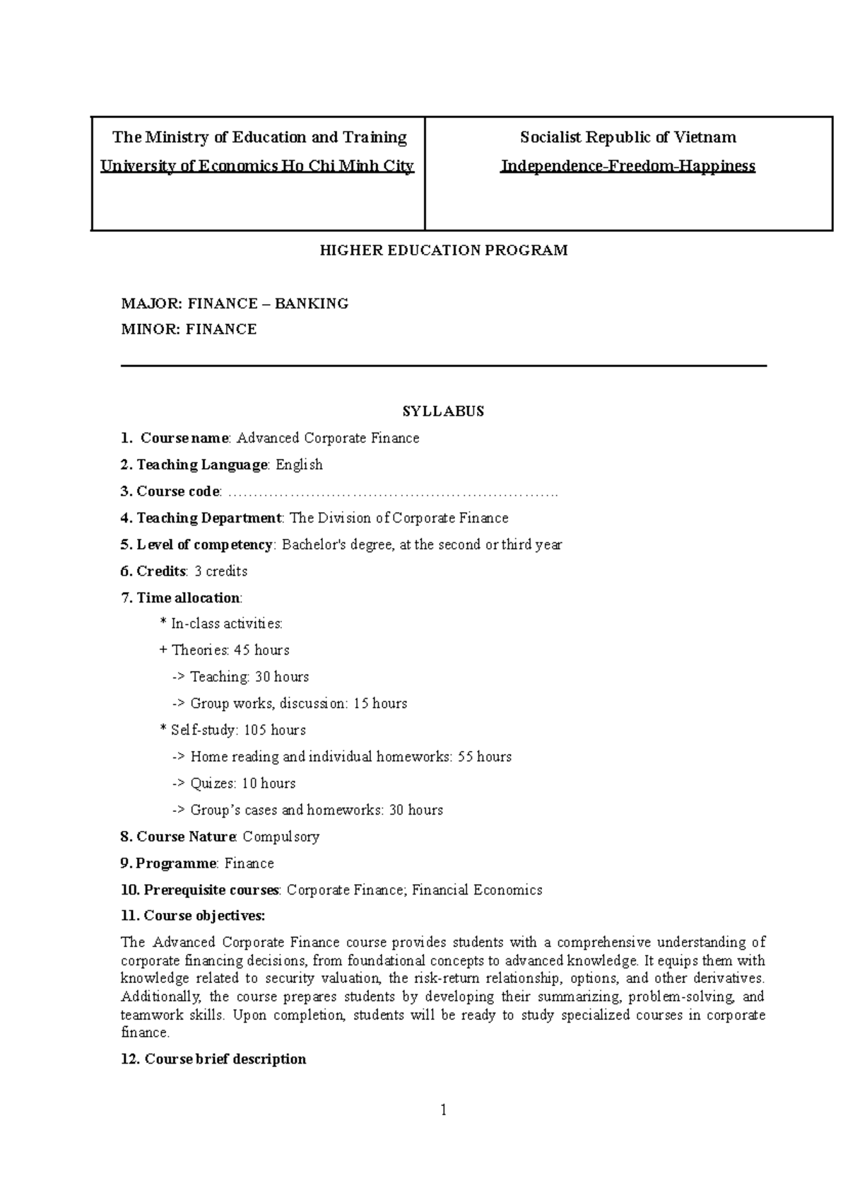 Syllabus for Advanced Corporate Finance (FIN 202) - University of ...