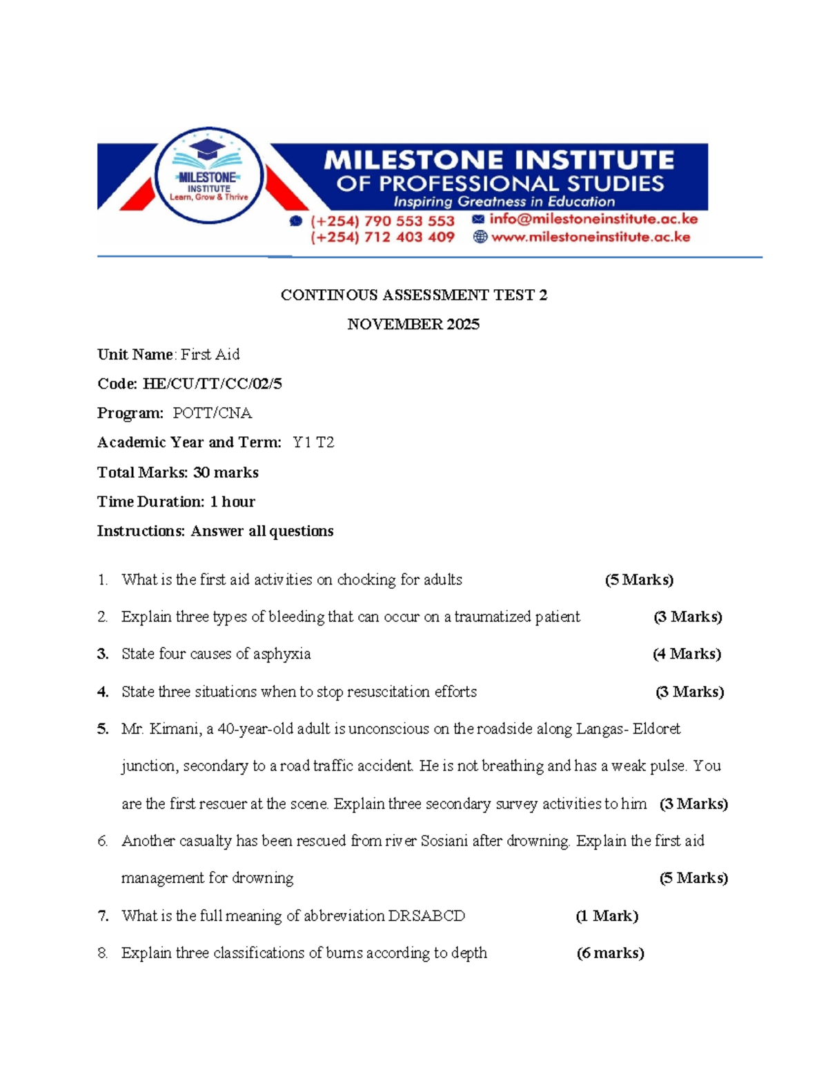 First Aid CAT 2 Nov 2025 - Sample Questions and Guidelines - Studocu