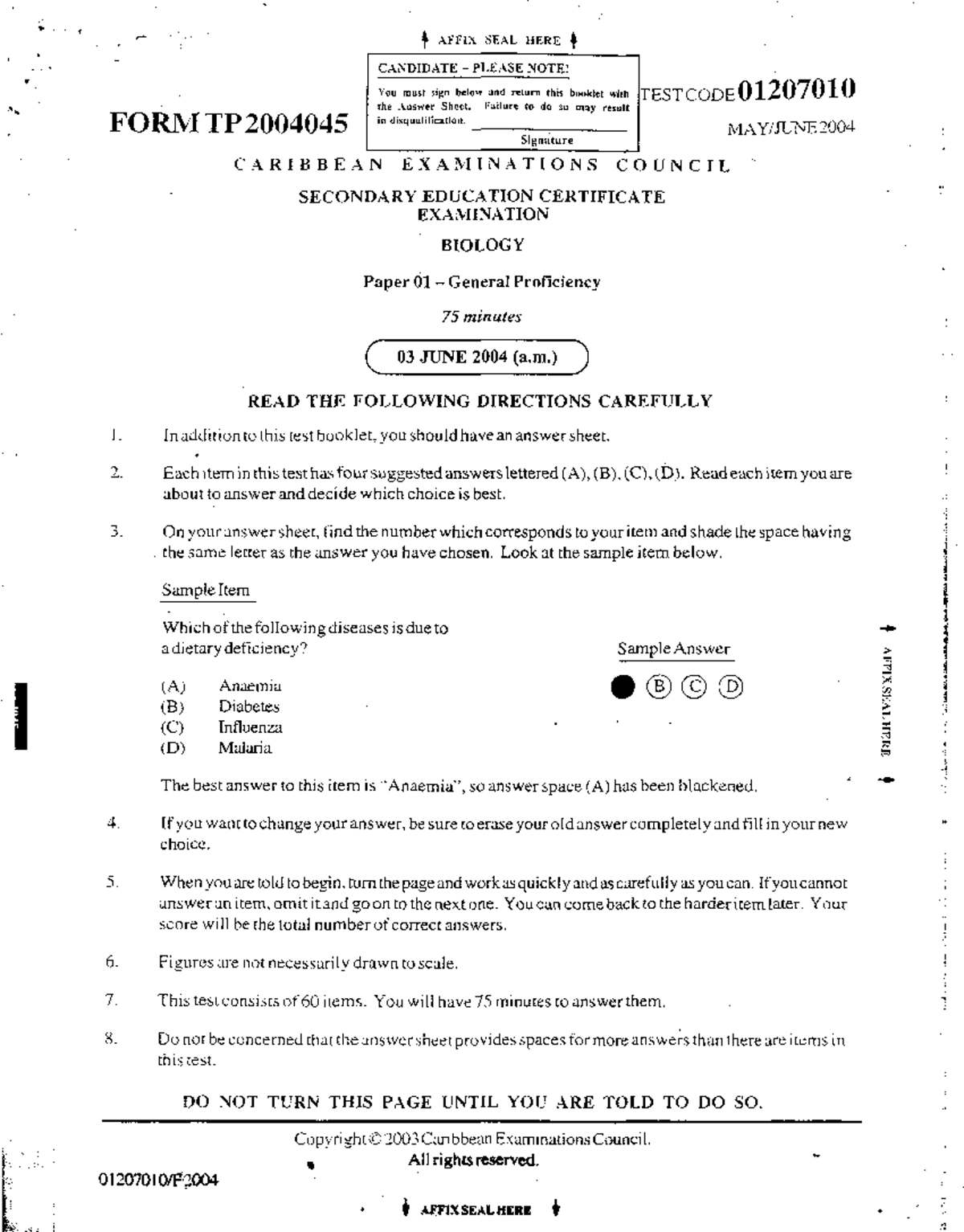 CSEC Biology Paper 01 General Proficiency Exam 2004 - Studocu