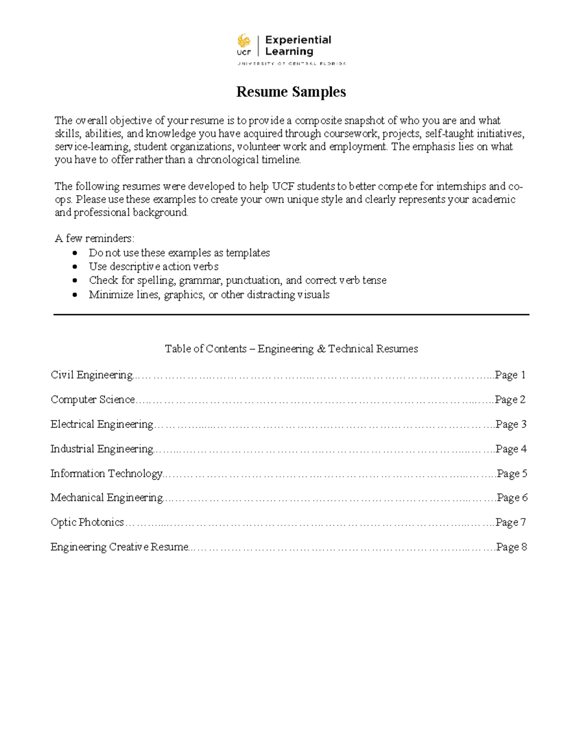 Engineering Technical Resumes Samples for UCF Students - Studocu