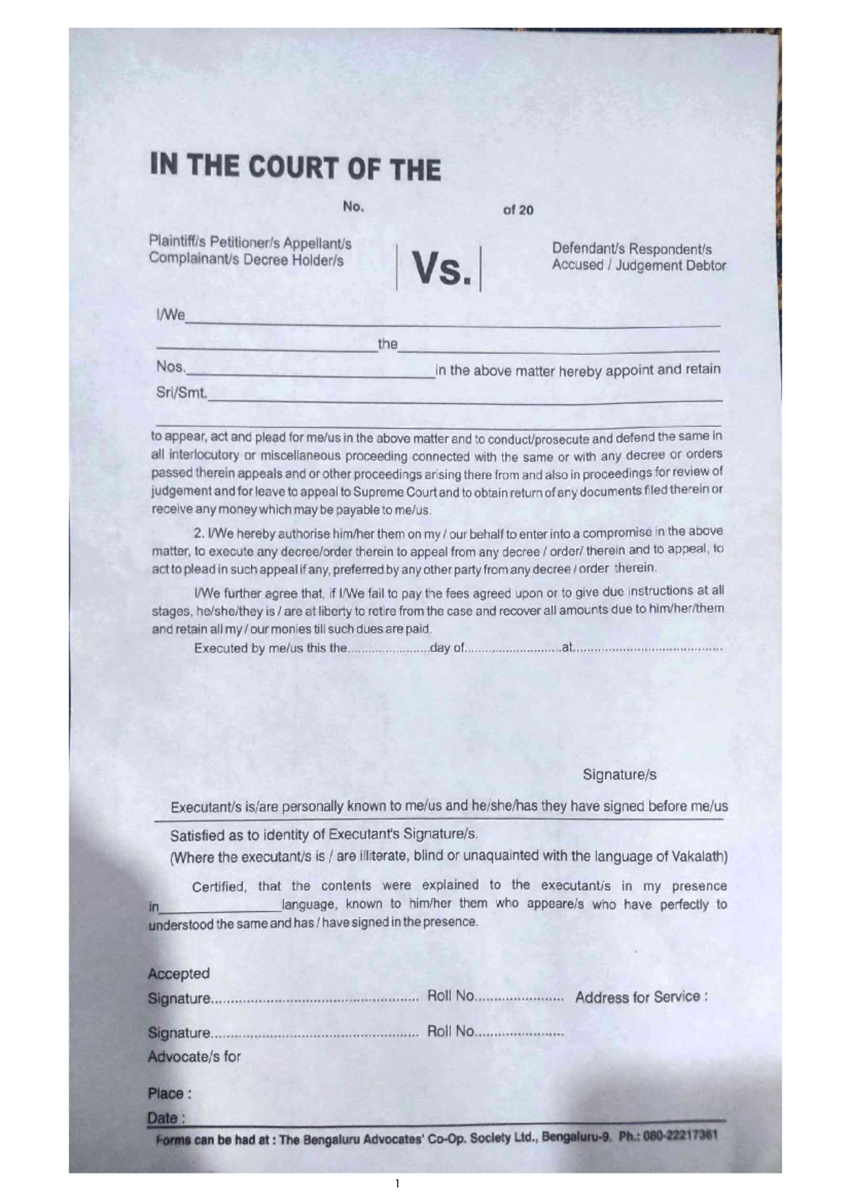 Vakalatnama & Valuation Slip Template for Legal Proceedings - Studocu