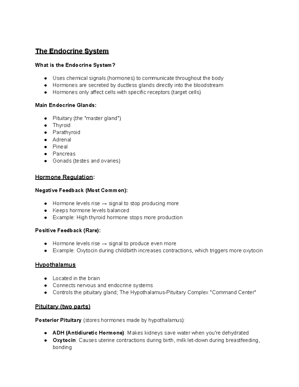 Endocrine System Overview and Hormonal Functions - Studocu