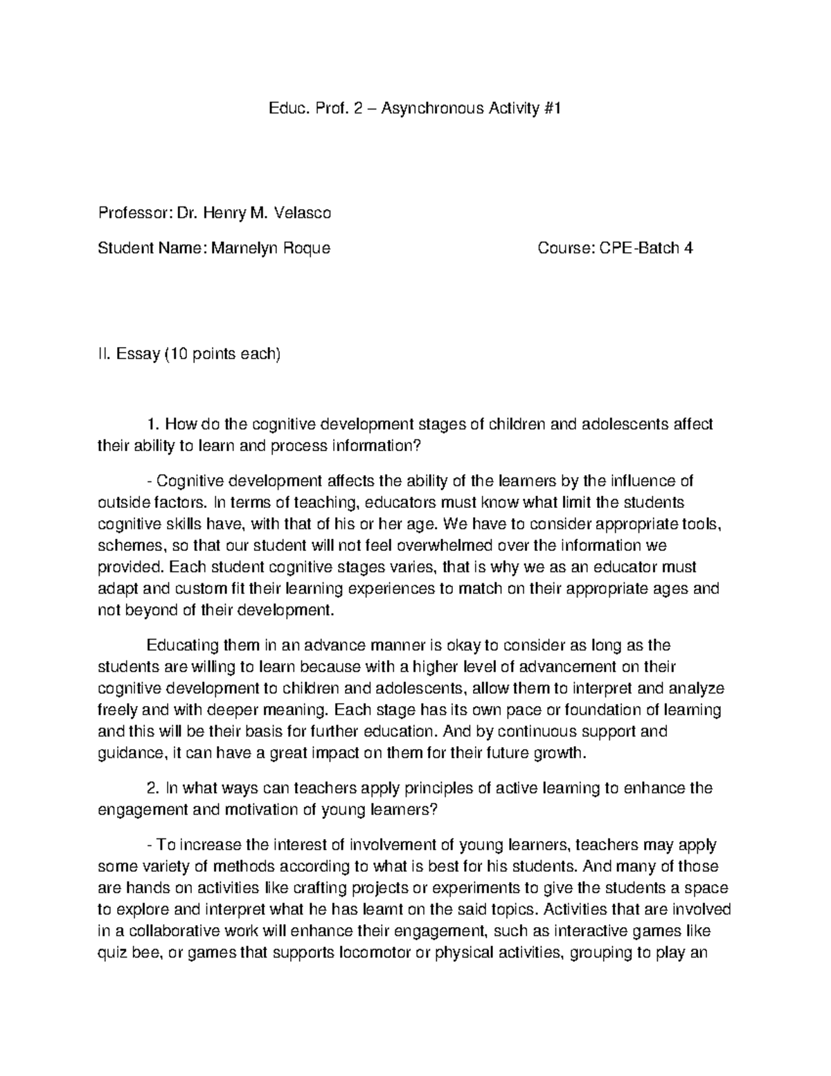 EDUC. PROF. 2 - Asynchronous Activity #1 Essay Responses by Marnelyn ...