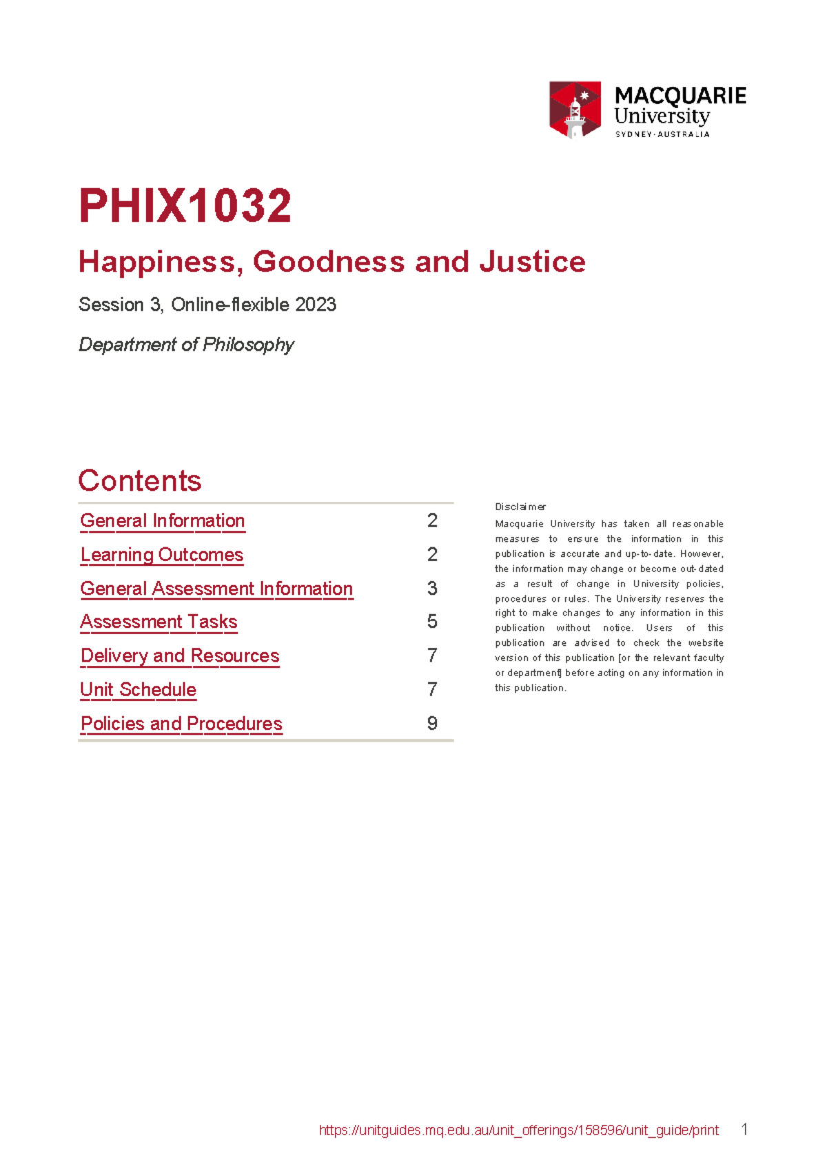 Unit Guide PHIX1032: Happiness, Goodness, and Justice - Session 3 - Studocu