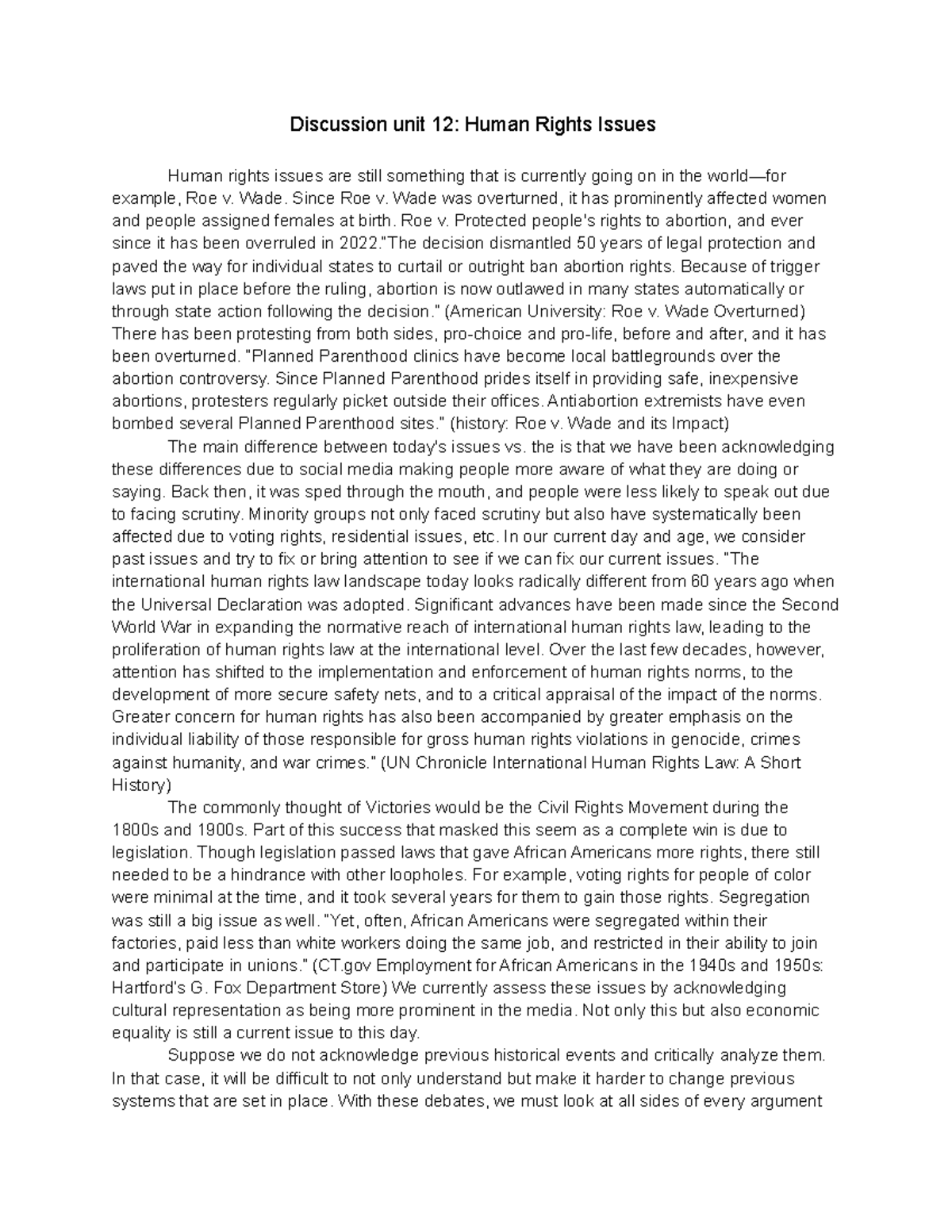 Discussion Unit 12 Human Rights Issues - Discussion unit 12: Human ...