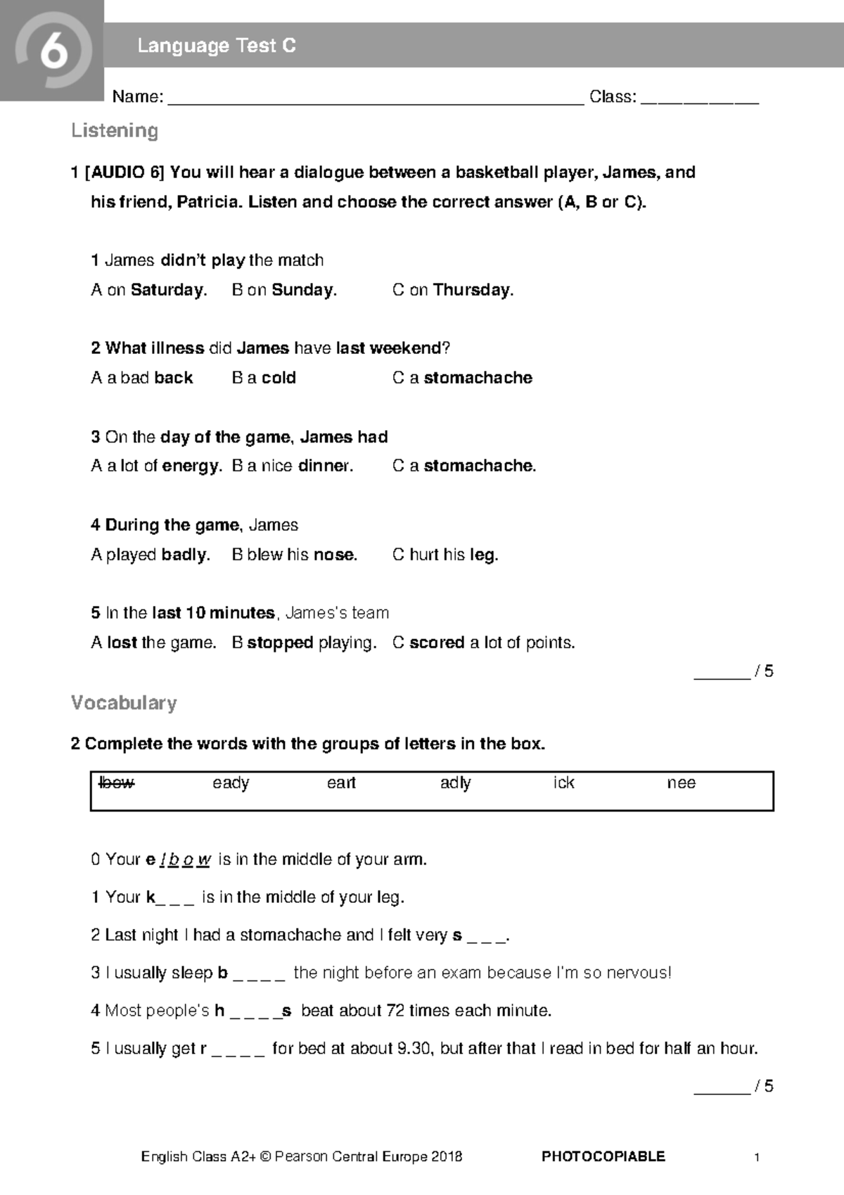 ECA2+ Tests Language Test 6C 2018 - Name ...
