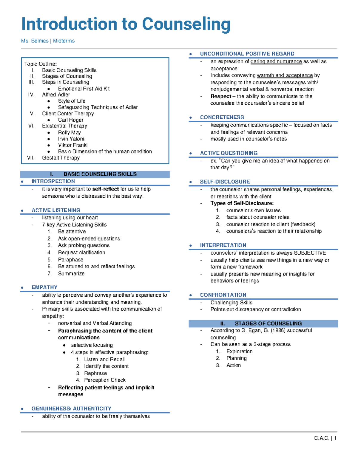 COUN 101 Midterm Study Notes: Key Theories in Counseling - Studocu