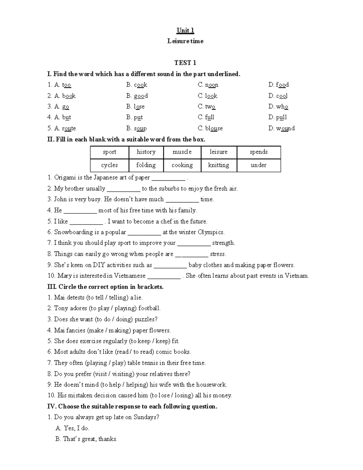 A8 Leisure Time Test - Unit 1 Activities and Questions - Studocu