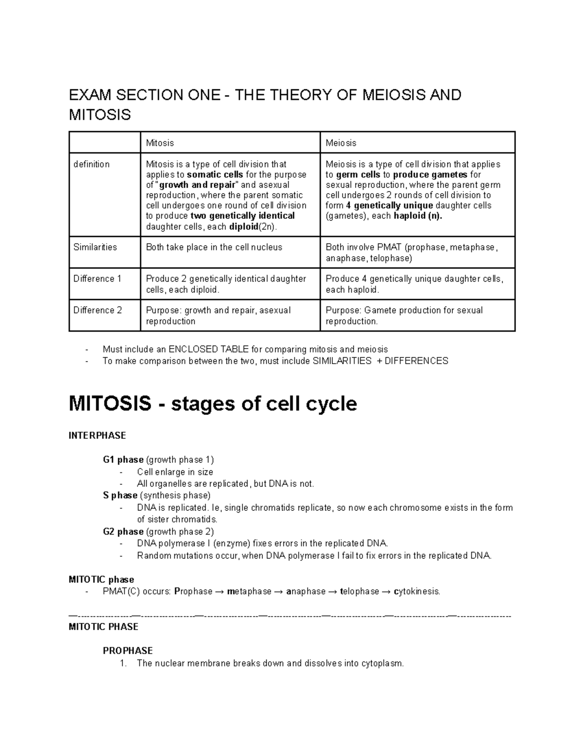 EXAM NOTES: MEIOSIS & MITOSIS COMPARISON (BIO101) - Studocu