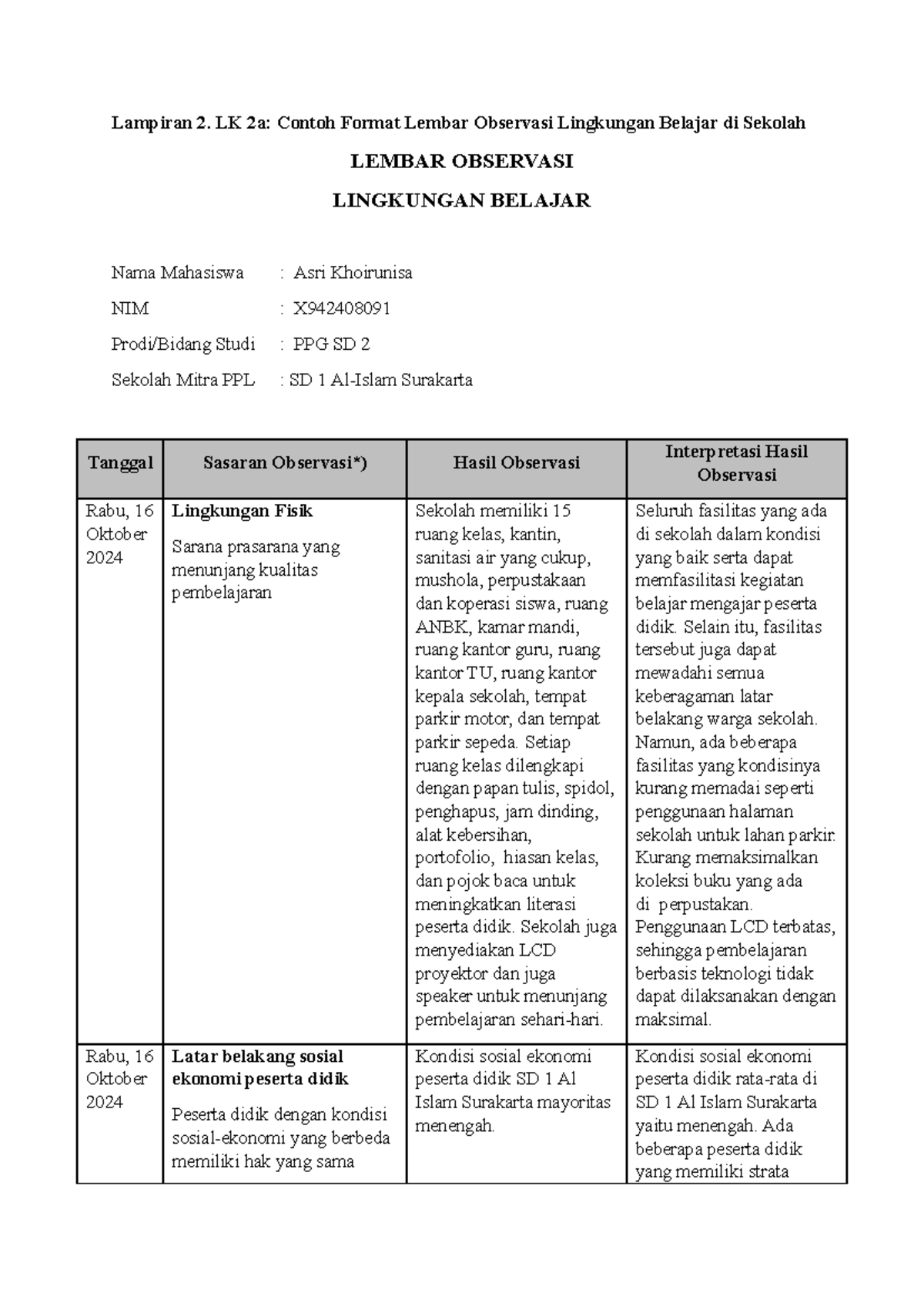 Lembar Observasi Lingkungan Belajar di Sekolah - PPG SD 2 - Document Preview