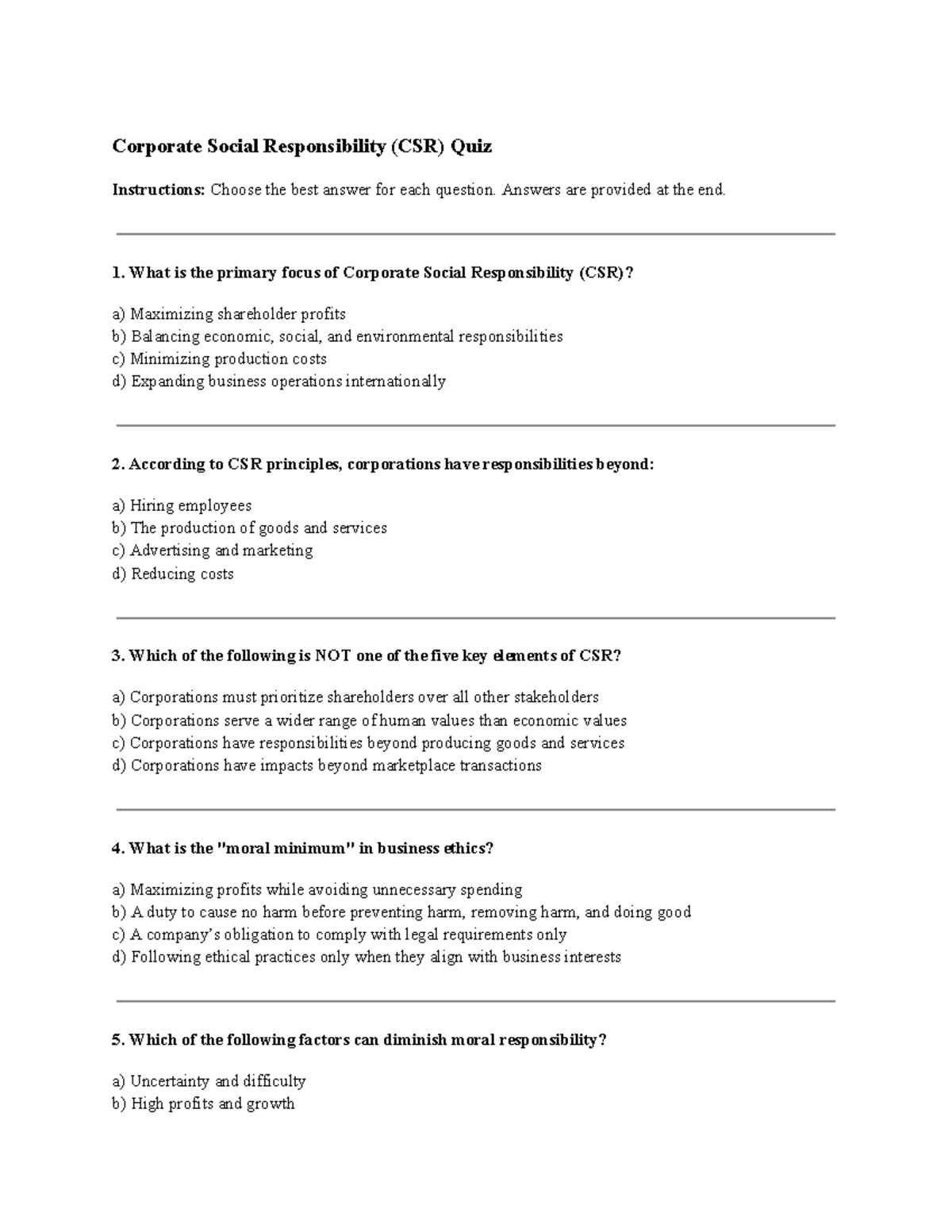 Corporate Social Responsibility (CSR) Quiz: Key Concepts and Questions ...