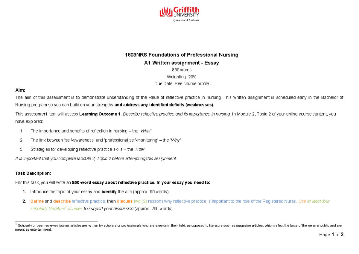 1803NRS Reflective Practice in Nursing - Written Assignment Essay - Studocu