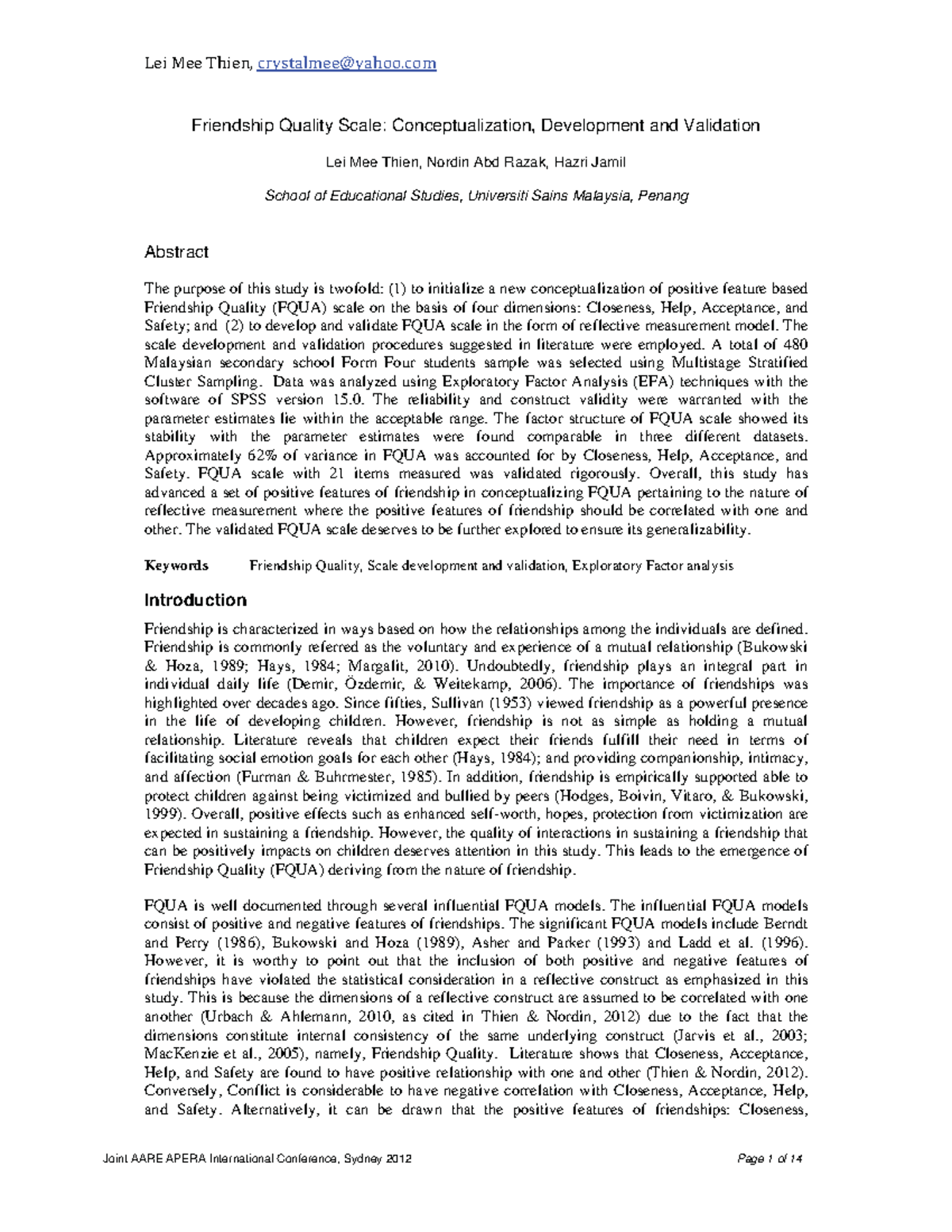Friendship Quality Scale (FQUA): Development, Validation & Findings ...