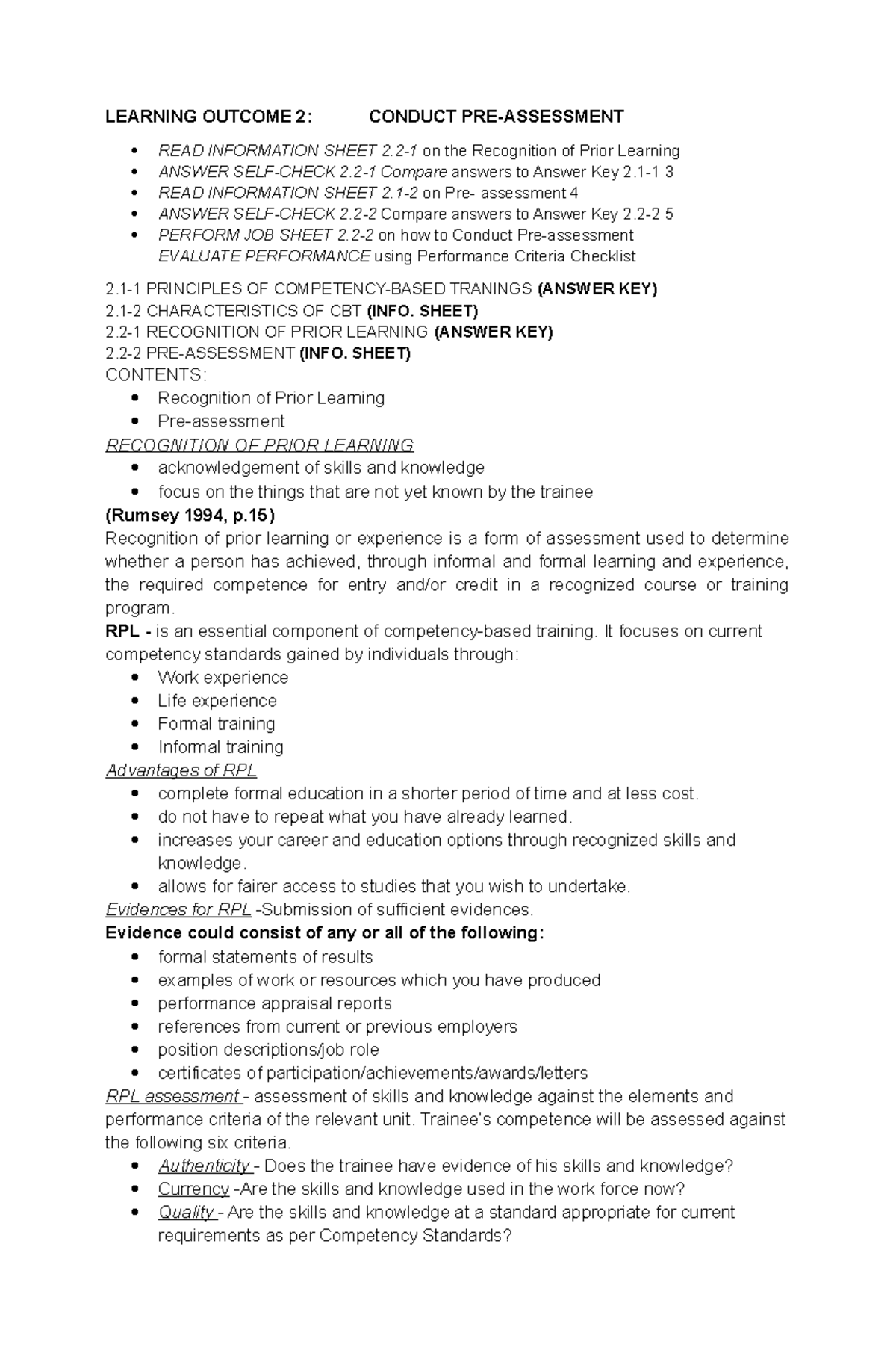 RPL Assessment and Competency Evaluation: Learning Outcomes 2 & 4 - Studocu