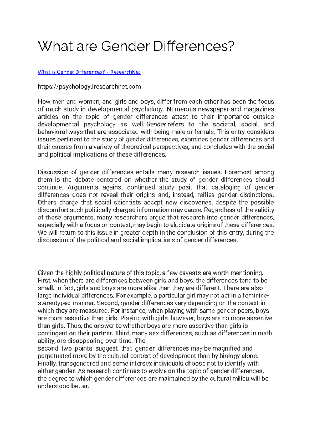 Gender Differences: An Overview of Research Findings - Studocu