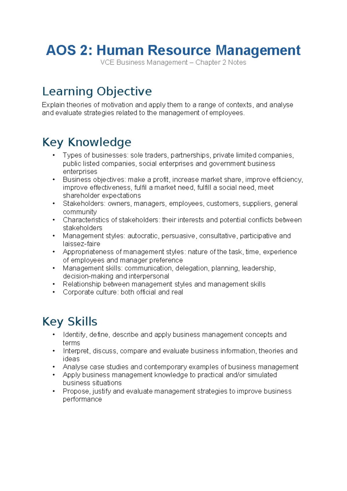 AOS 2: VCE Business Management Chapter 2 - Human Resource Management ...