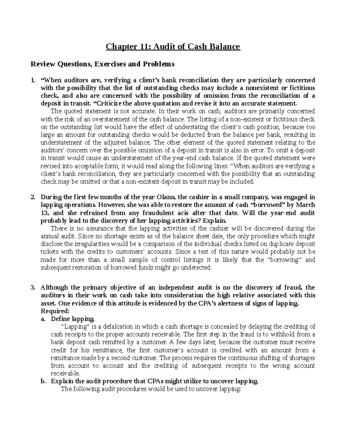 Chapter 11: Audit of Cash Balance - Key Notes and Insights - Studocu